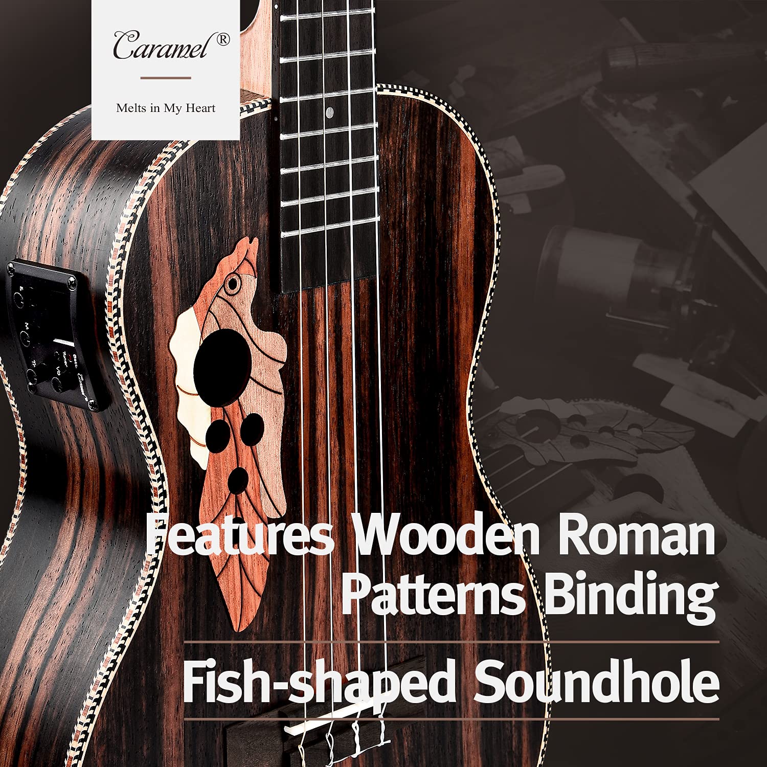 30 Inch Caramel Ebony Wood Baritone Ukulele with LCD Color Display - Electric Ukelele Starter Kit for Beginners | Includes Gig Bag, Strap & Strings Set | Perfect for Hawaiian Music, Live Performances & Home Practice