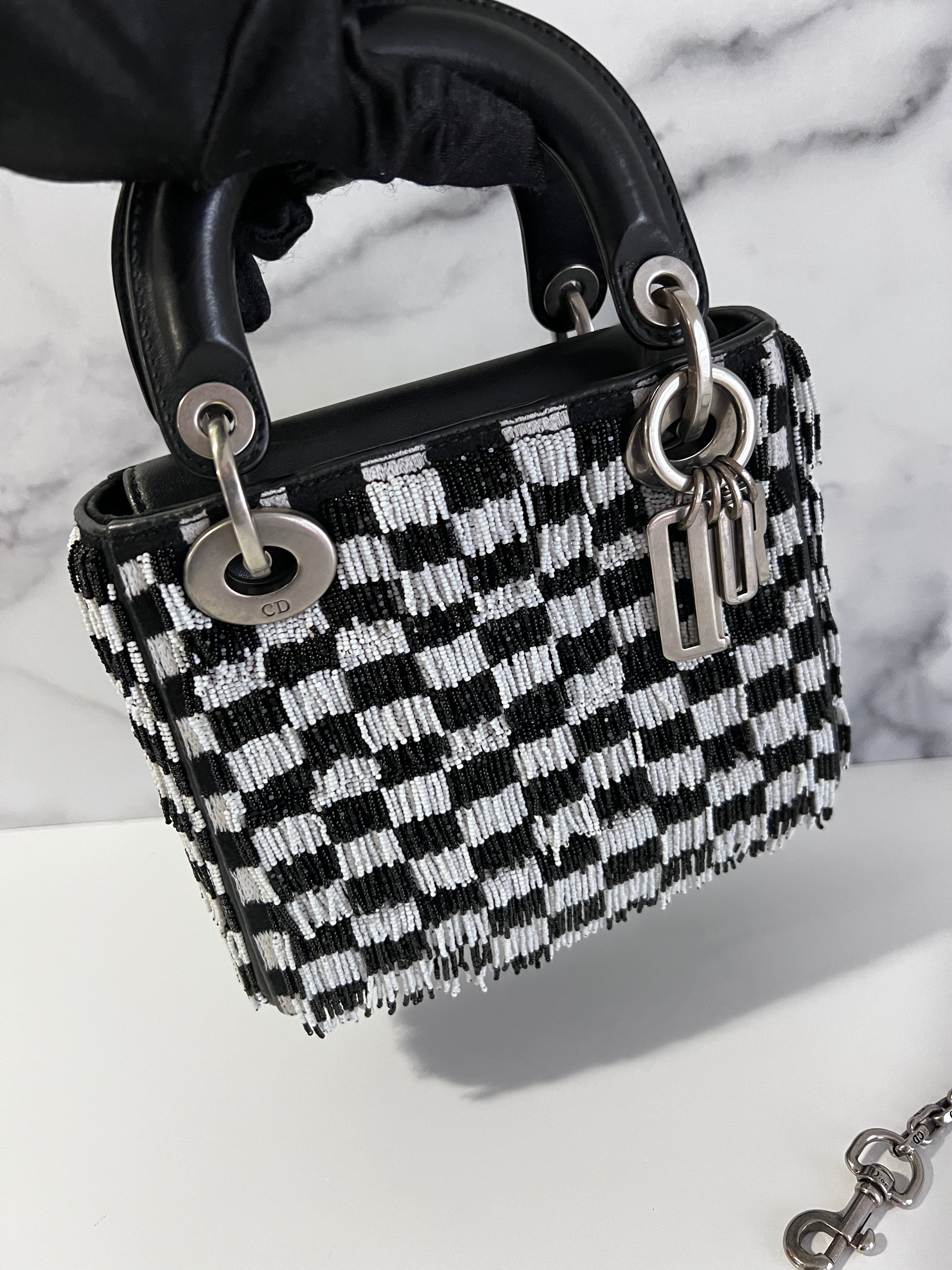 Dior Fringe Beaded Black & White Plaid Lady Dior Bag - Luxury Handbag for Women, Perfect for Parties, Weddings & Evening Events