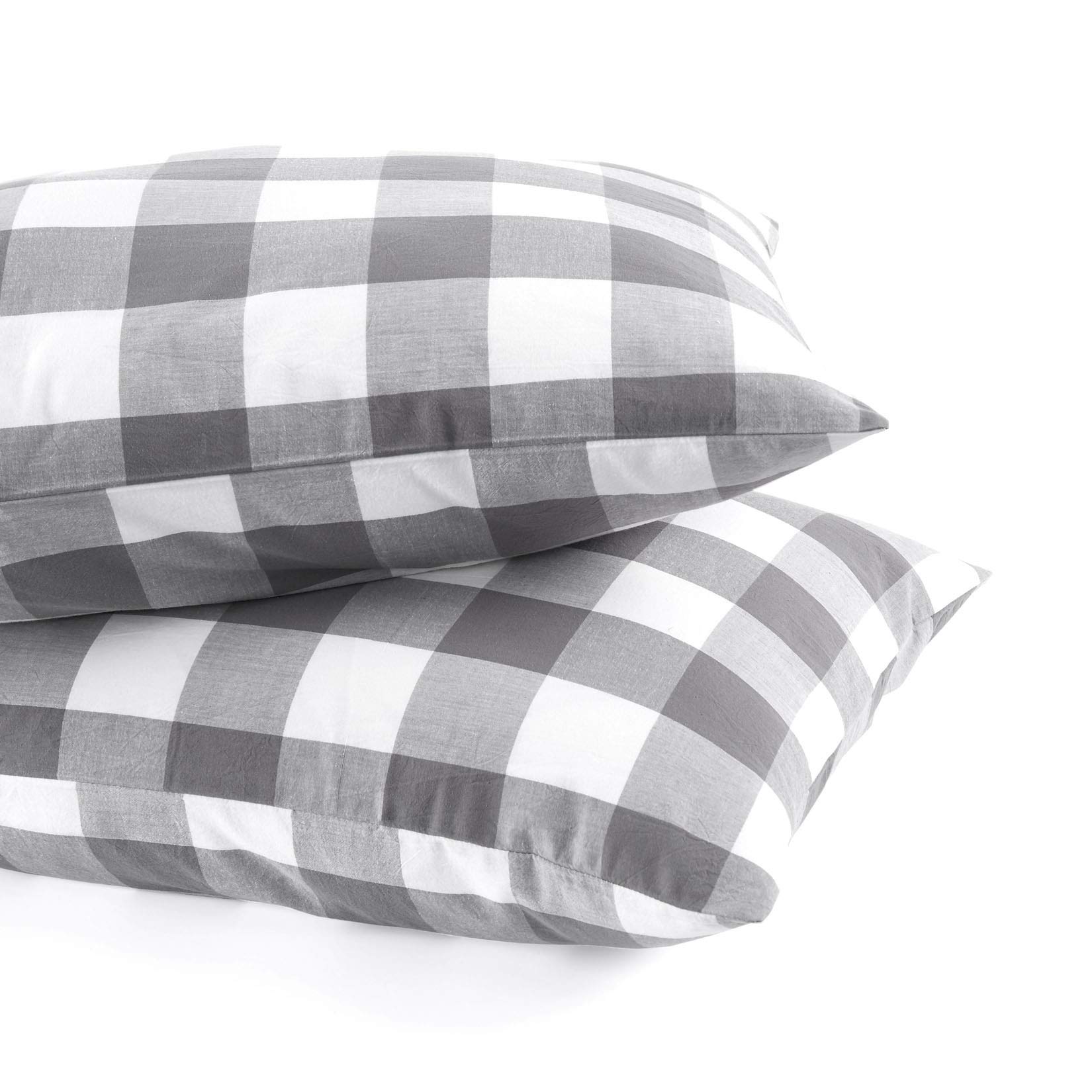 Wake In Cloud - 100% Washed Cotton Plaid Pillowcases Set of 2, Buffalo Check Gingham Checkered Farmhouse Style, Standard Size 20x26 Inches (Gray White) - Perfect for Bedroom, Living Room & Home Decor