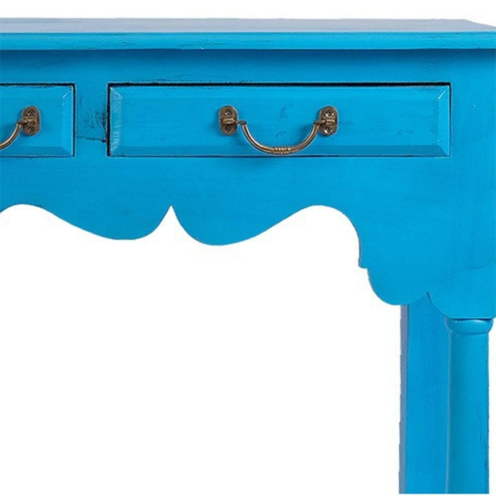 Hand Carved Solid Wood 4-Drawer Hallway Side Table in Blue - Perfect for Entryway Storage & Living Room Decor