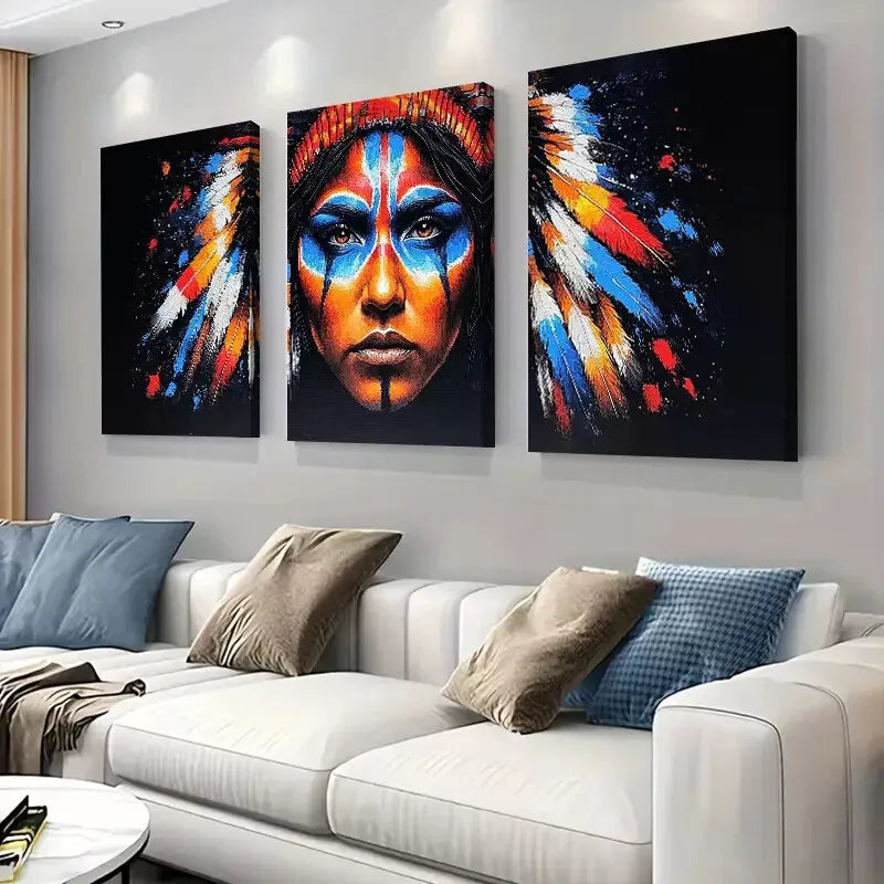 3-Piece Native American Feather Headdress Wall Art Set - Framed Canvas 50x70cm | High Quality Print | 100% Australian Made | Ready to Hang | Perfect for Living Room, Bedroom & Office Decor