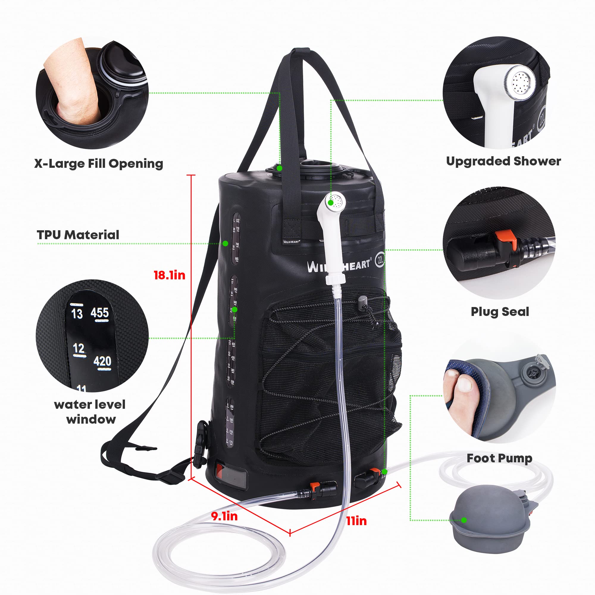 WILD HEART Portable Camping Shower 22L/12L with Pressure Foot Pump & Hose - Solar Shower Bag Backpack for Outdoor Adventures, Hiking, Road Trips & Beach Use