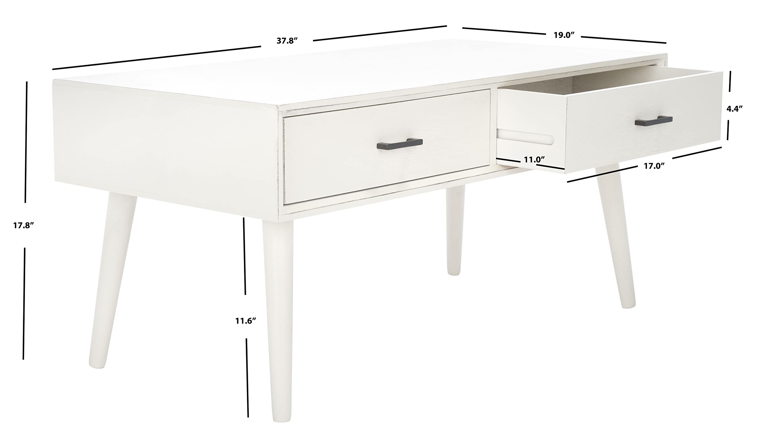 SAFAVIEH Home Collection Mozart Mid-Century Distressed White 2-Drawer Rectangle Coffee Table - Vintage Living Room Furniture for Small Spaces & Modern Apartments