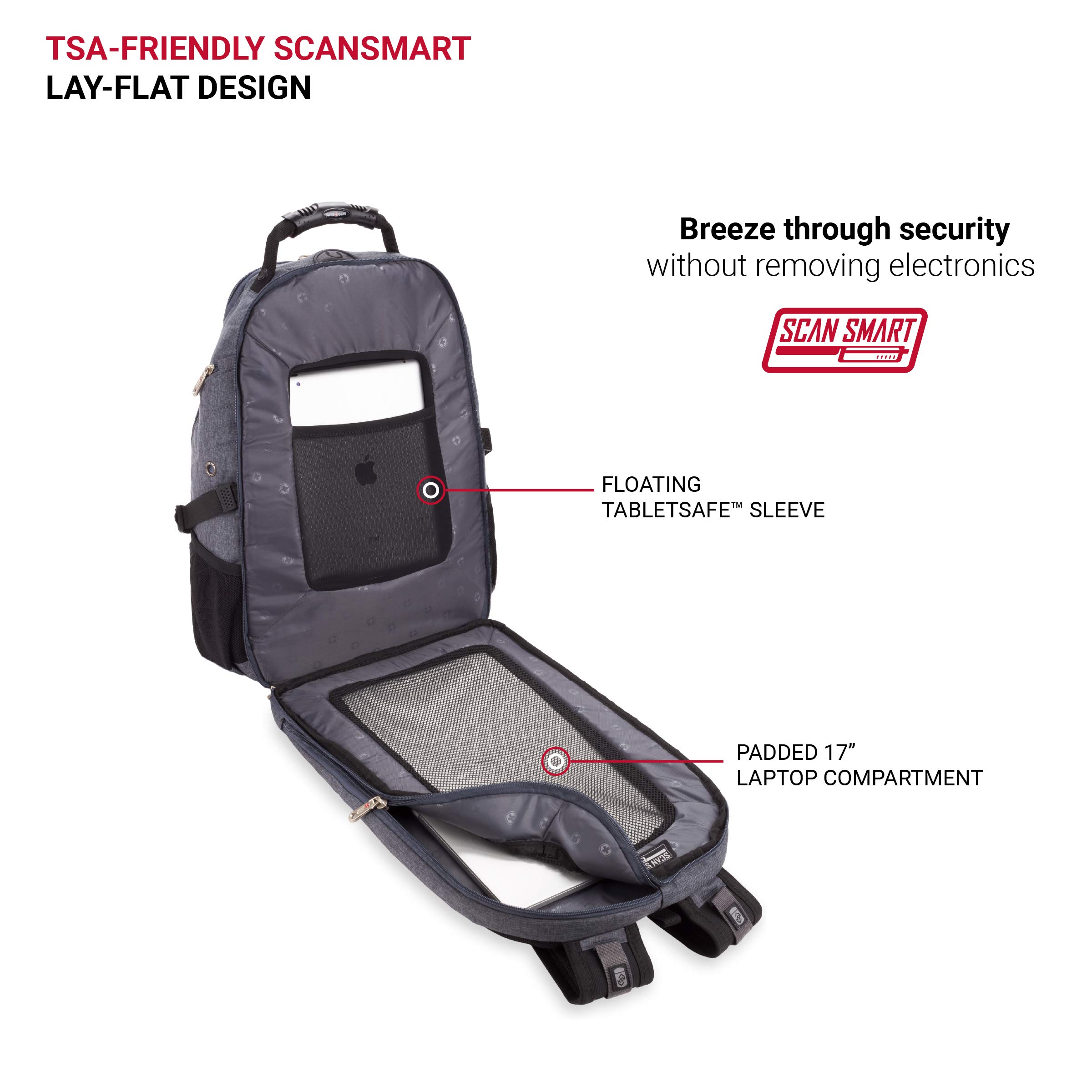 SwissGear 5977 ScanSmart 17-Inch Laptop Backpack for Business Travel & College - TSA-Friendly Grey Computer Bag with USB Charging Port & Organized Storage