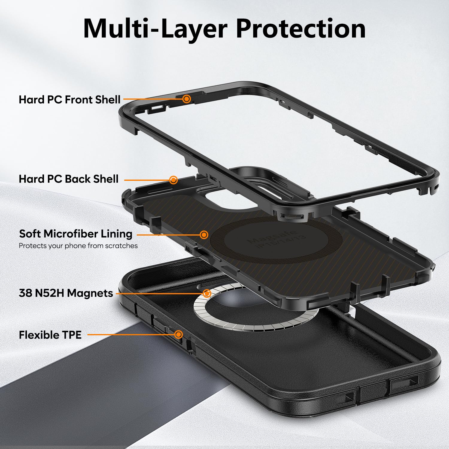 Heavy Duty Magnetic Phone Case with Belt Clip Holster - Shockproof Protective Cover for iPhone 13/14/15 (6.1 Inch) - Dark Black | Perfect for Outdoor Activities, Construction Work & Active Lifestyles