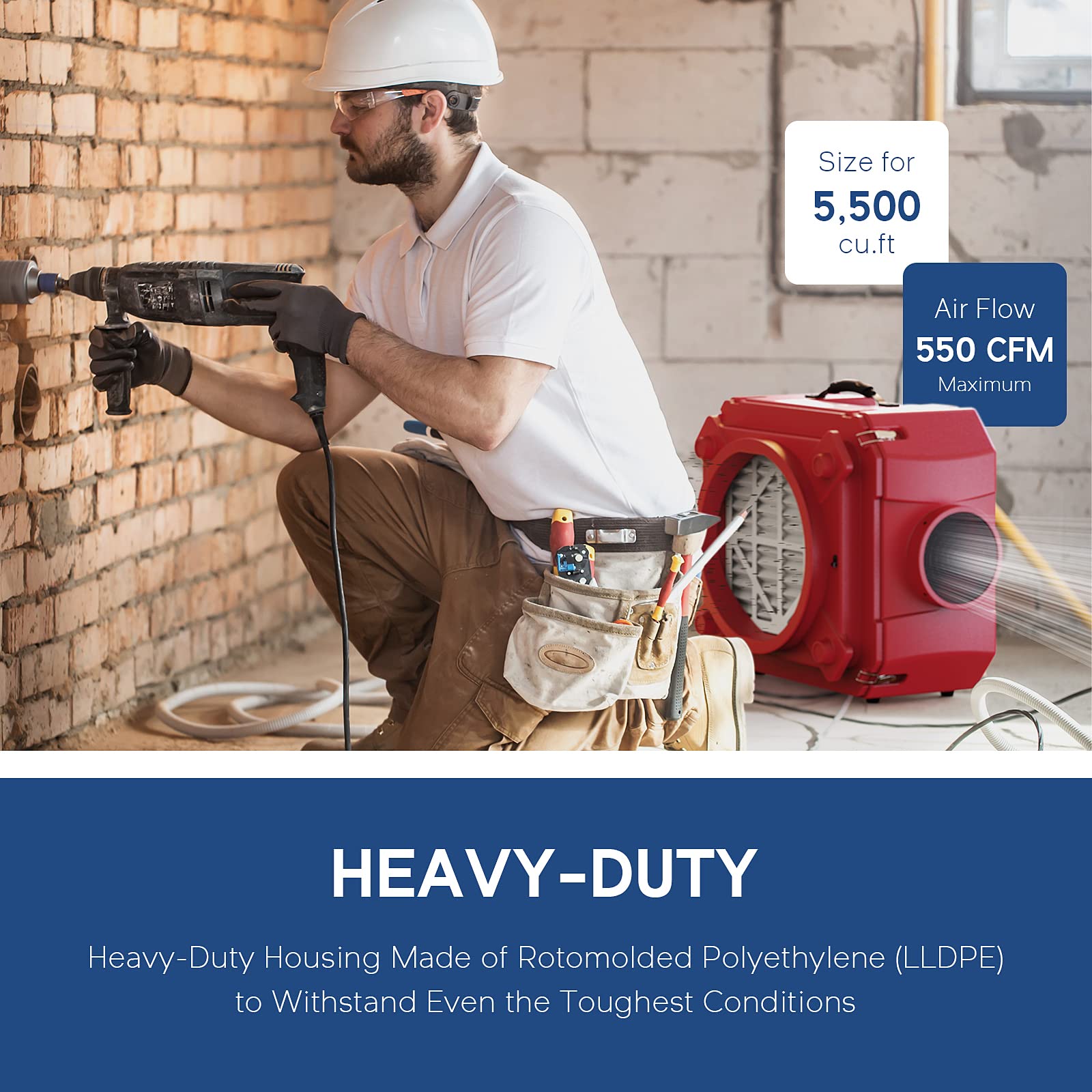 ALORAIR CleanShield HEPA 550 Air Scrubber - Commercial & Industrial Grade Negative Air Machine with HEPA Filtration, cETL Certified, GFCI Outlet, 10-Year Warranty (Red) - Ideal for Construction Sites, Mold Remediation, and Hospital Air Purification