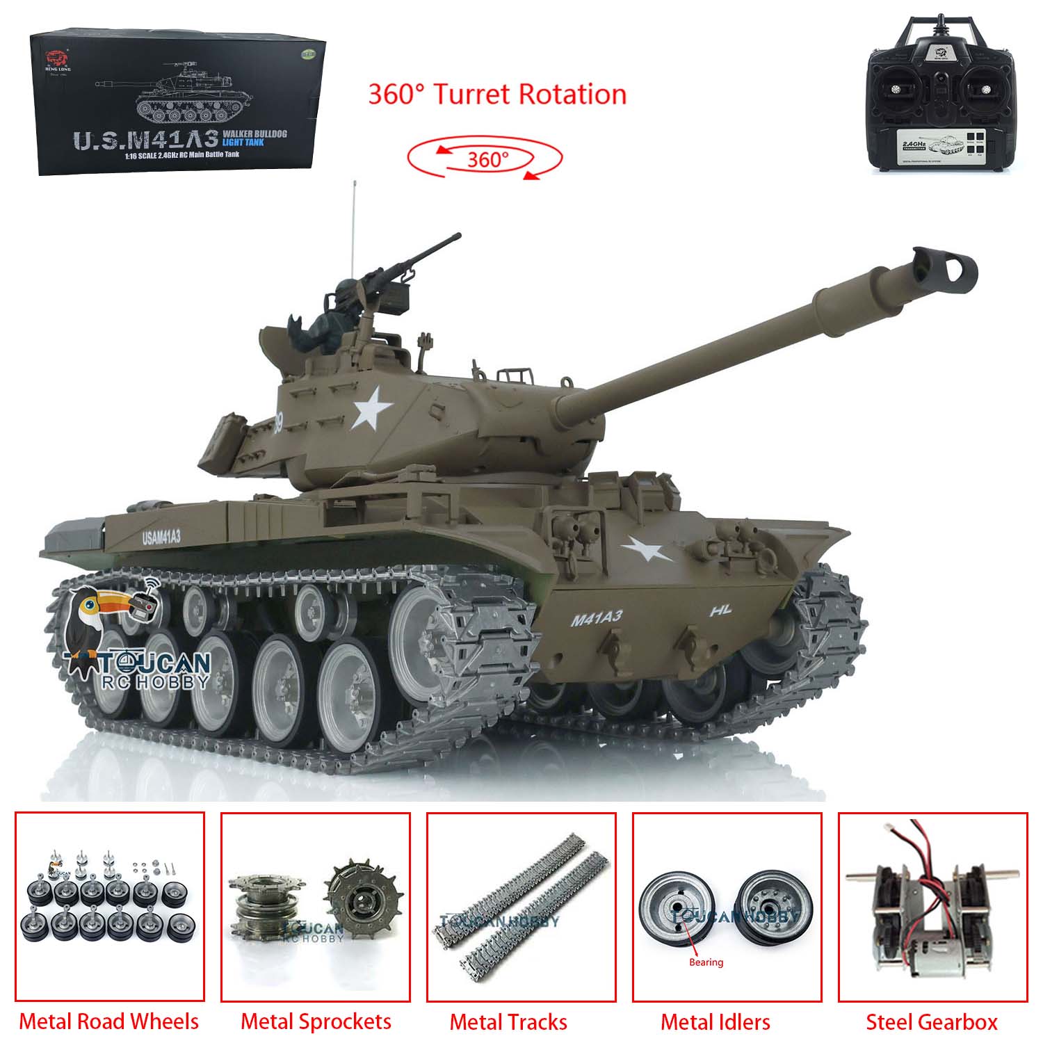 Henglong 1/16 Scale 7.0 Customized Walker Bulldog RTR RC Tank - US Stock Ready-to-Run Remote Controlled Military Model with Smoke Effect & 360° Rotation Full Metal Road Wheels for Collectors and Battle Simulation