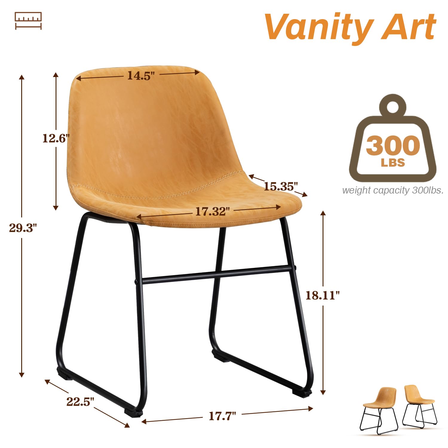 Vanity Art PU Leather Dining Chairs Set of 2 - Modern Armless Kitchen & Dining Room Chairs with Metal Legs in Yellow Tan (UC-13T) - Perfect for Small Spaces, Breakfast Nooks & Contemporary Dining Areas