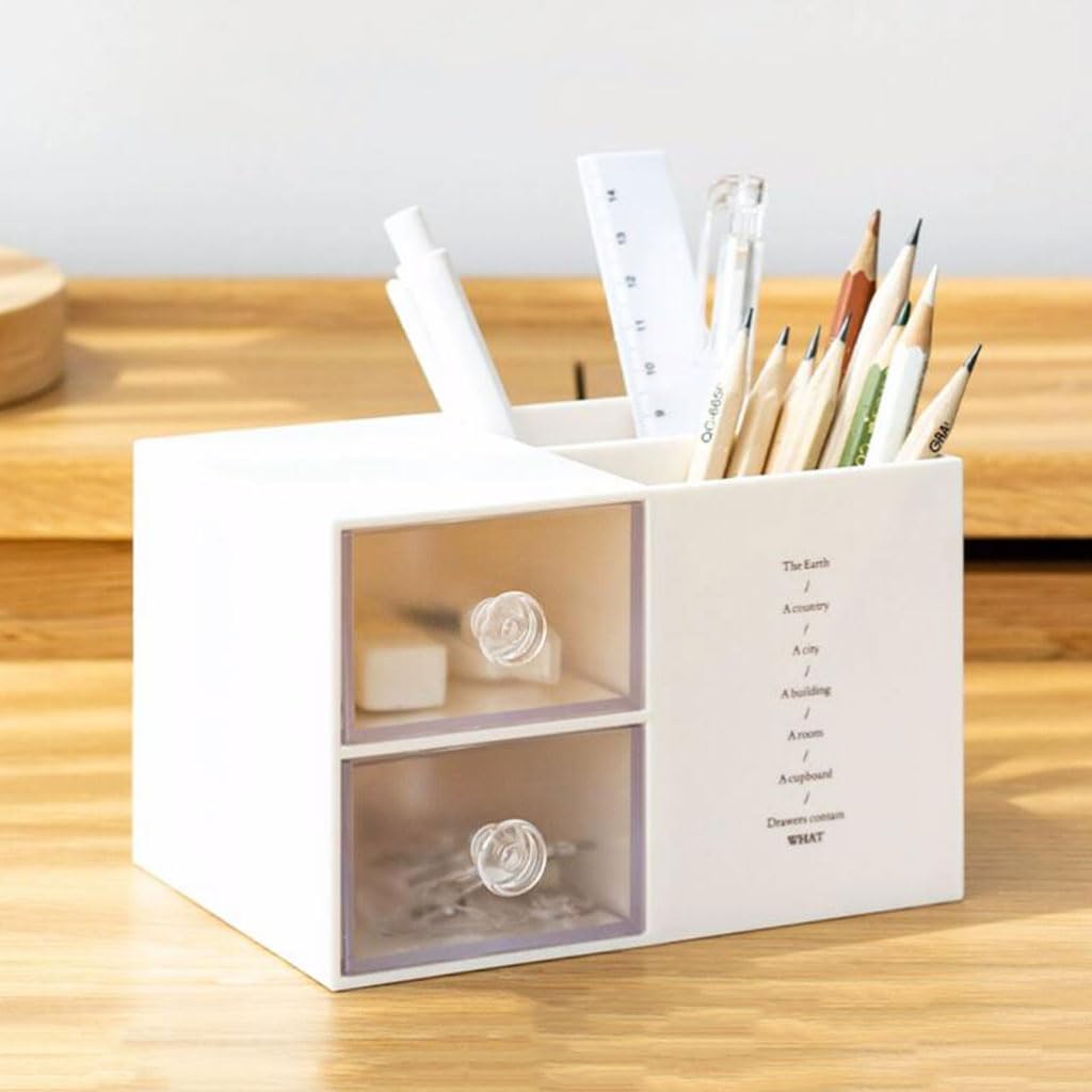 Stylish Large Capacity Plastic Pen Holder with Drawer - Countertop Desktop Organizer for Office & Home Stationery Storage | Perfect for Desks, Workstations, and Study Areas