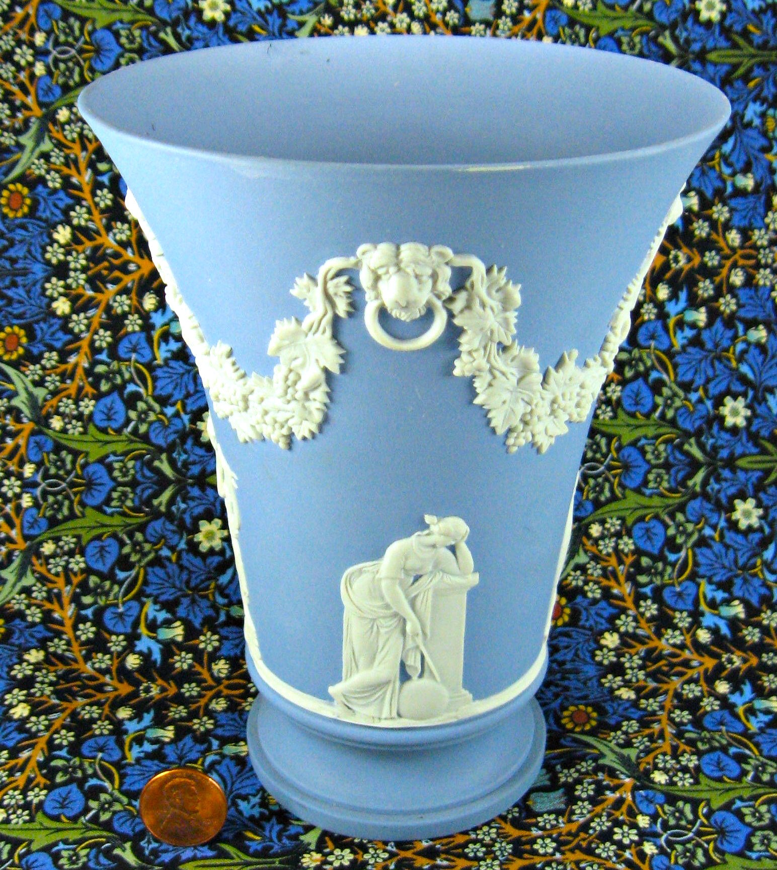 Vintage 1970s Wedgwood Blue Jasperware Vase with 4 Muses & Lion Head Masks - Tall Ceramic Home Decor for Living Room, Office & Gift