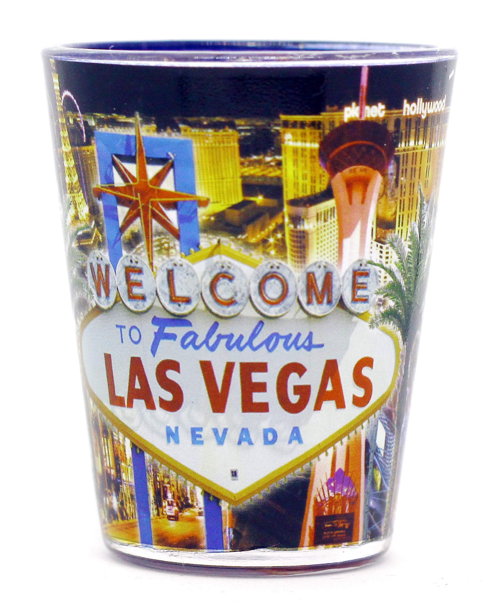 Las Vegas Nevada Themed Black & Blue Collage Shot Glass - Perfect for Parties, Gifts & Souvenirs - Barware & Drinking Accessories