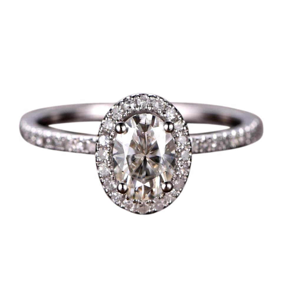 1.25ct Oval Cut Halo Moissanite & Diamond Engagement Ring in 14K White Gold - Perfect for Proposals, Weddings & Anniversary Gifts