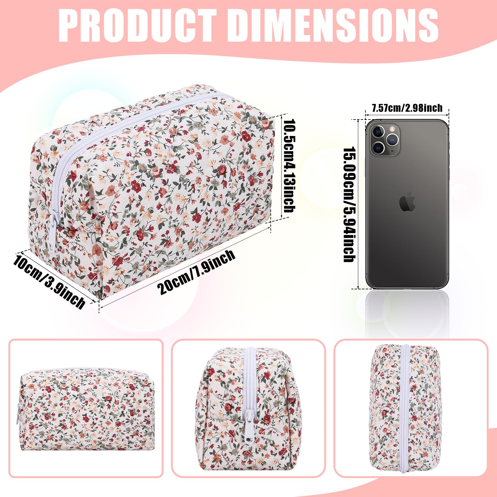 2 Pack Floral Makeup Bags for Women - Large Quilted Cotton Cosmetic Organizer with Zipper, Cute Fashionable Travel Toiletry Pouch & Free Floral Hair Clip - Perfect for Travel, Gym, and Daily Makeup Storage