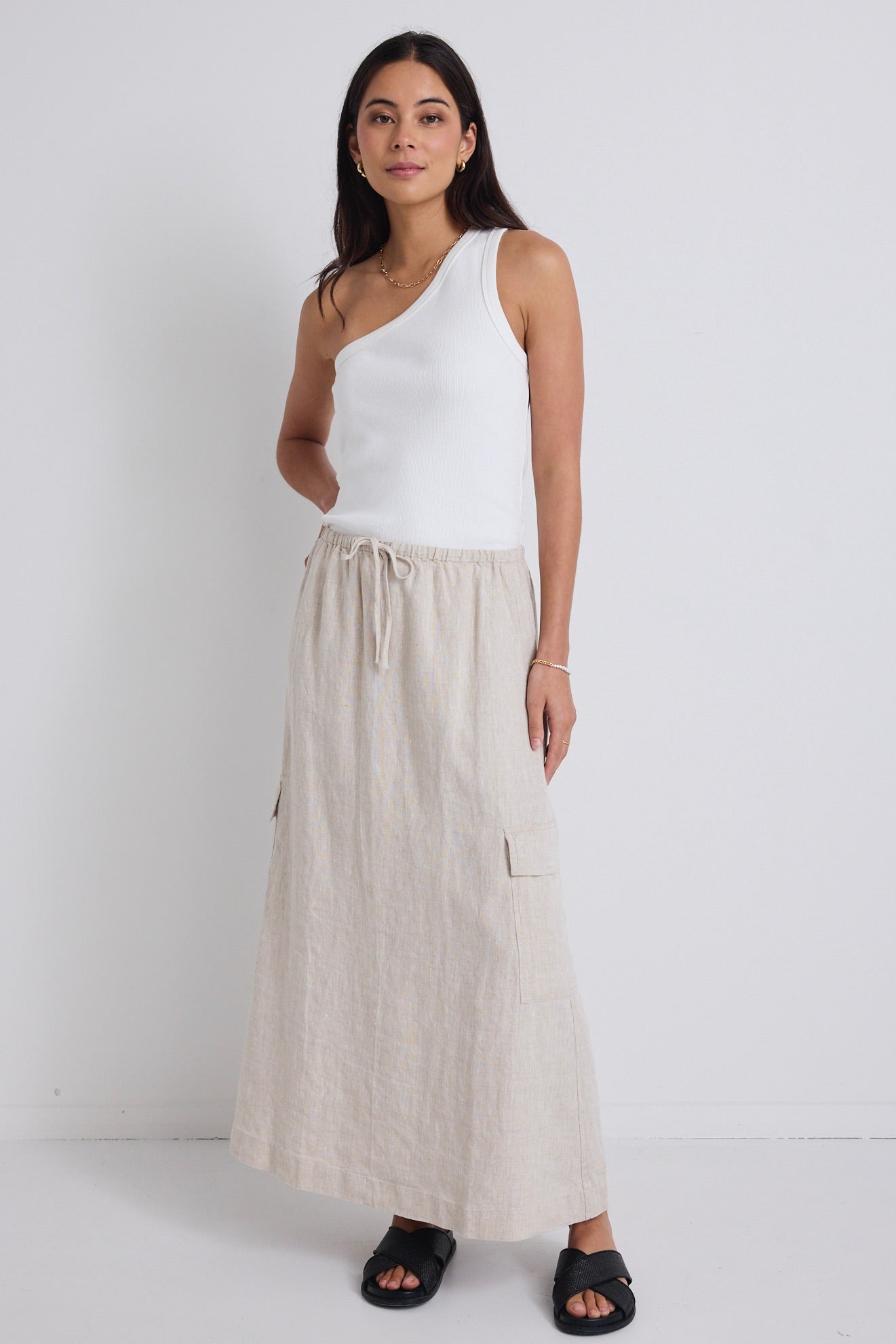 Breathable Natural Linen Elastic Waist Maxi Skirt with Pockets - Perfect for Summer Beach, Boho Outfits & Casual Wear