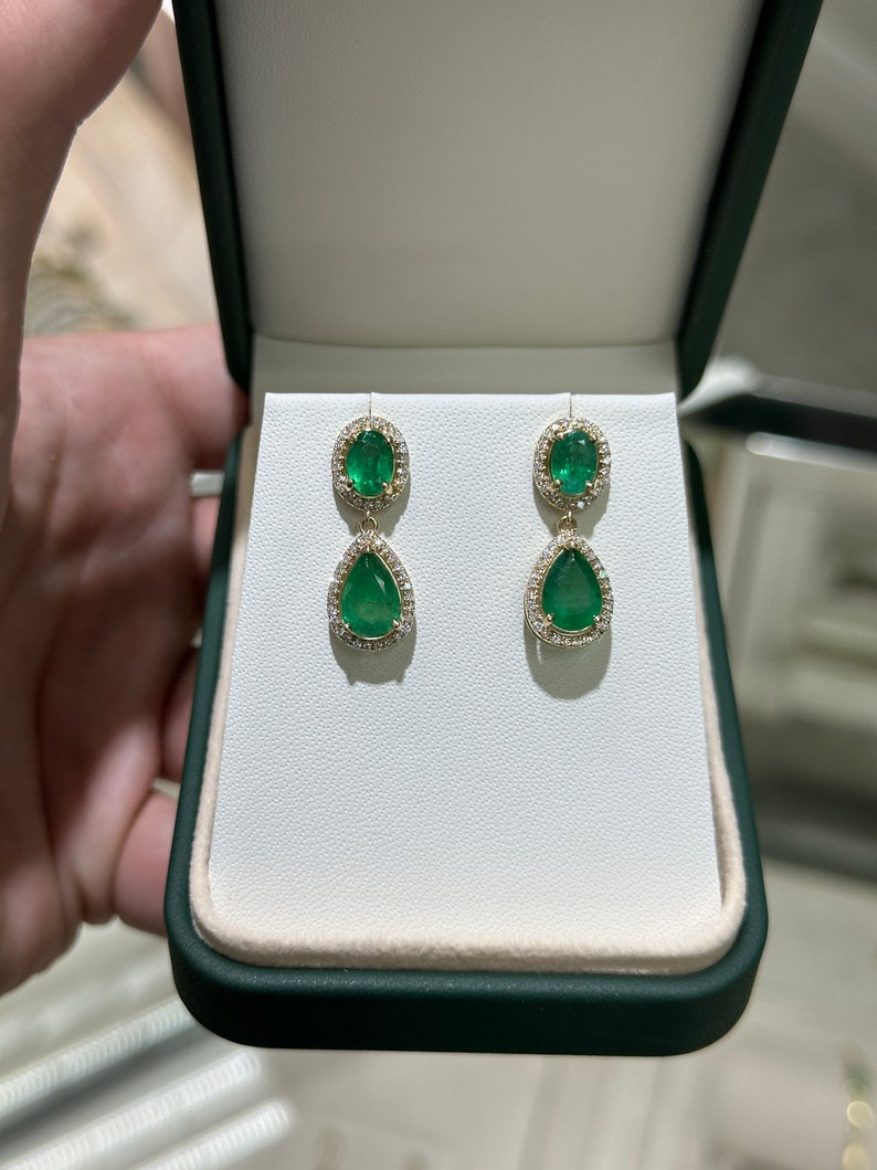5.40tcw Emerald & Diamond Halo Dangle Earrings - Oval & Pear Cut 14K Gold Jewelry for Women - Perfect for Weddings, Parties & Special Occasions