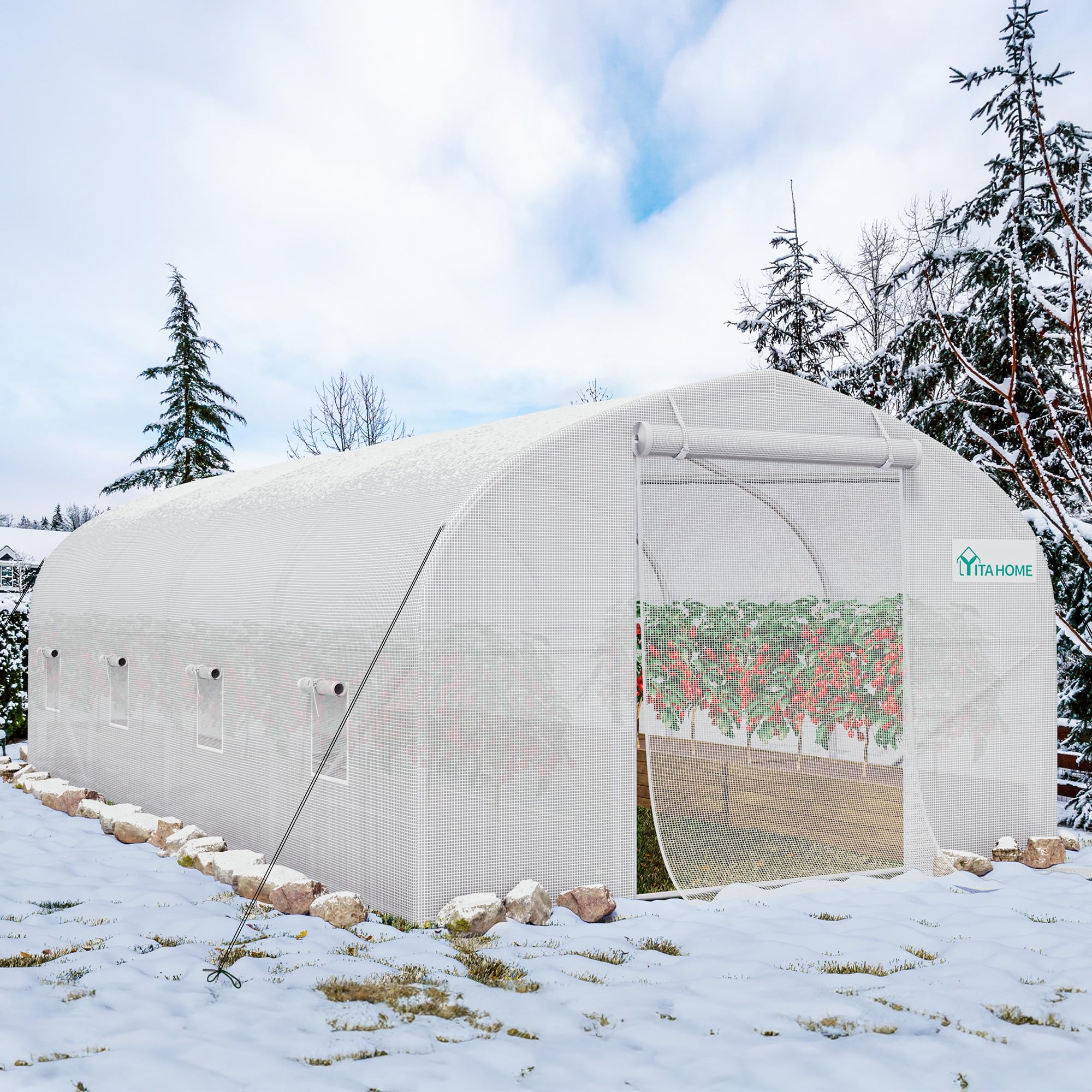 YITAHOME 20x10x6.5ft Large Heavy Duty Greenhouse with Galvanized Steel Frame - Outdoor Plant Gardening Tunnel with Zipper Doors & 7 Crossbars - Perfect for Backyard Gardening, Plant Protection, and Year-Round Growing (White)