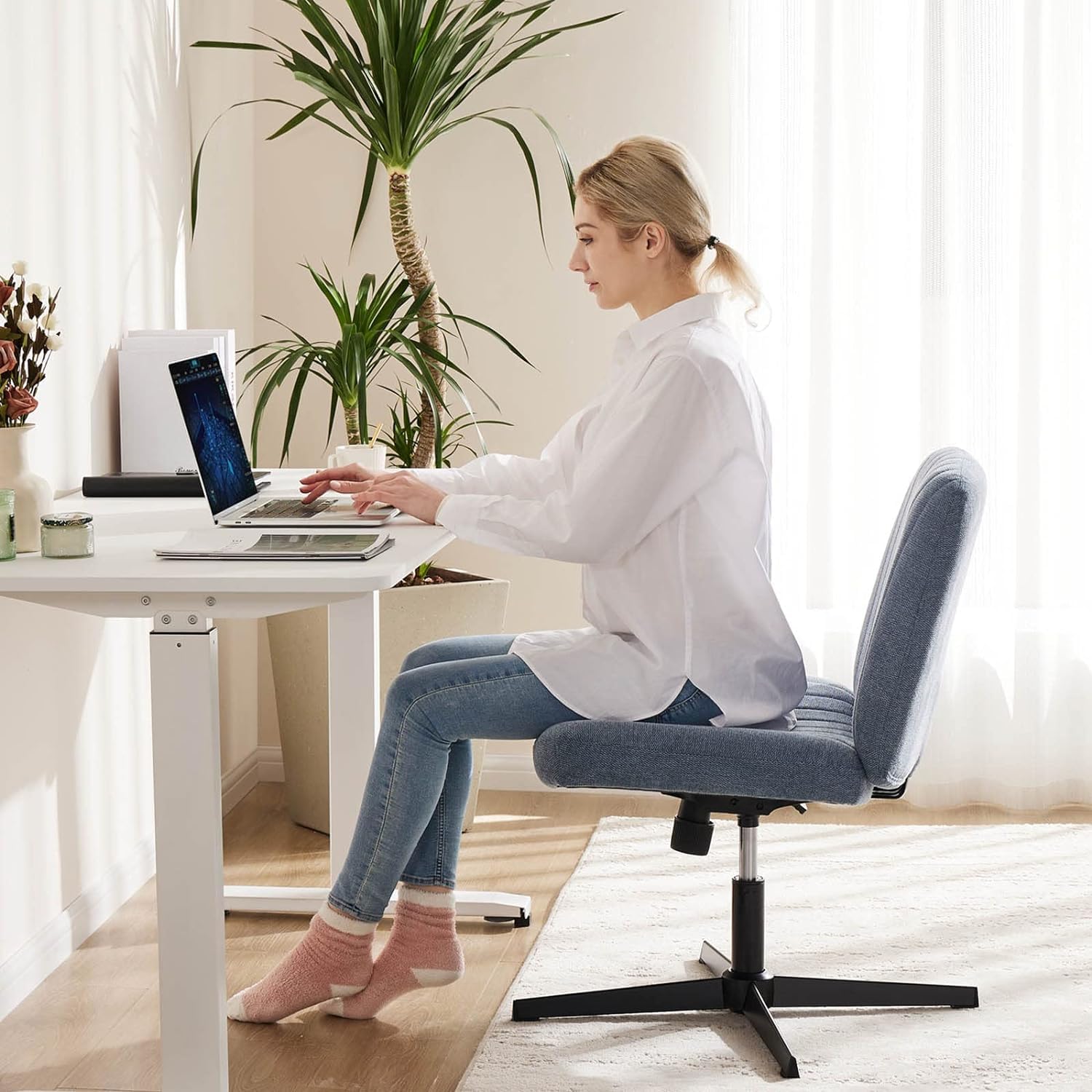 DUMOS Criss Cross Legged Office Chair - Armless Wide Seat No Wheels, Adjustable Height Swivel Fabric Chair for Home Office, Bedroom & Vanity - Modern Comfortable Seating for Work & Relaxation