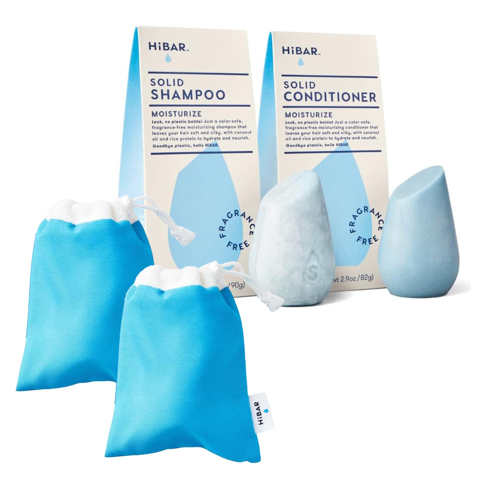 HiBAR Moisturizing Shampoo & Conditioner Bar Set - Fragrance-Free for Dry, Frizzy Hair with Coconut Oil & Vitamin B5 - Plastic-Free, Sulfate-Free, Paraben-Free, Vegan & Color Safe Hair Care - Includes Travel Pouch - Perfect for Travel, Gym & Eco-Friendly Home Use