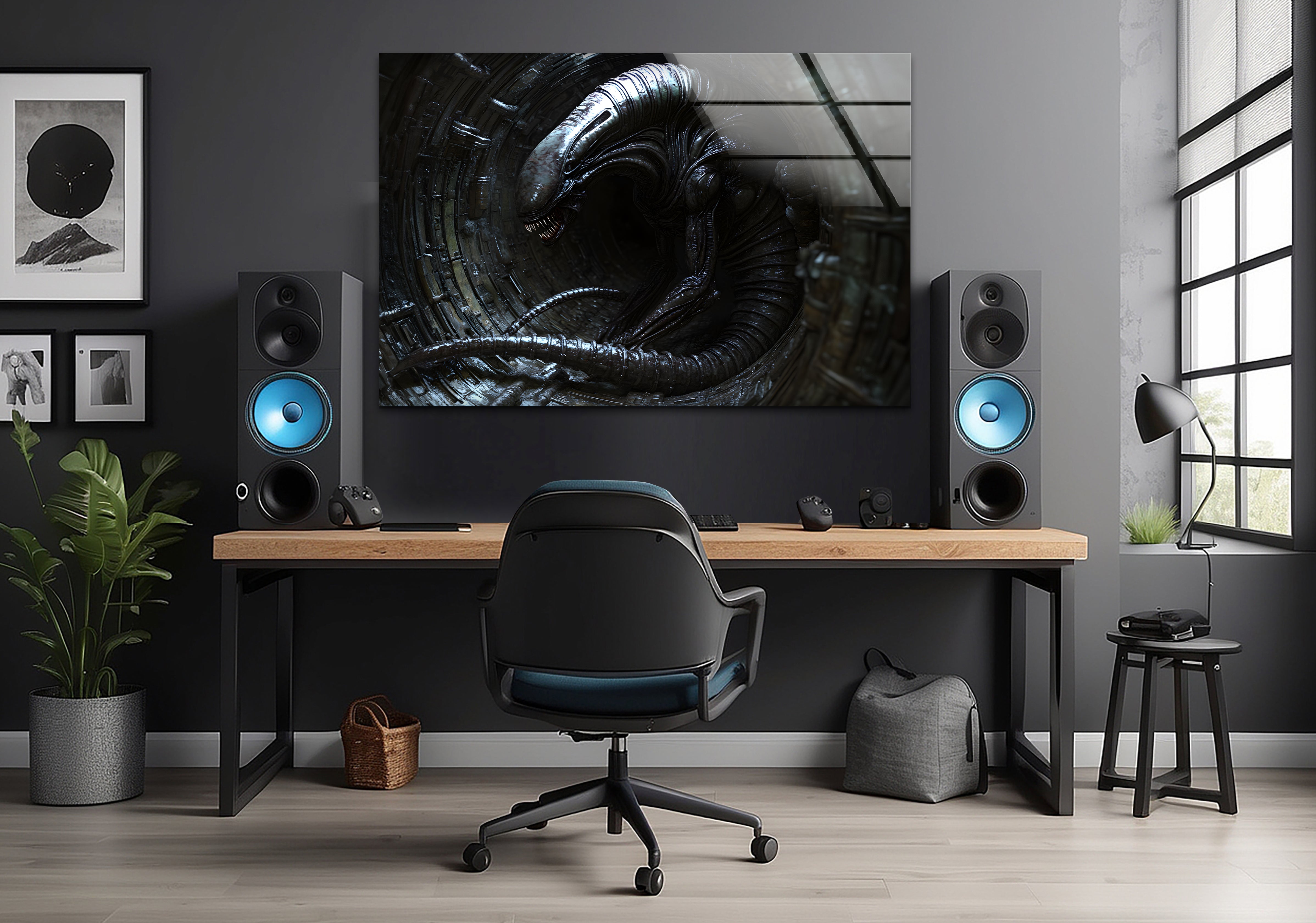 Black Alien Glass Wall Art - Modern Abstract Decor for Living Room, Bedroom & Office | Unique Handmade Glass Artwork for Home & Gifts
