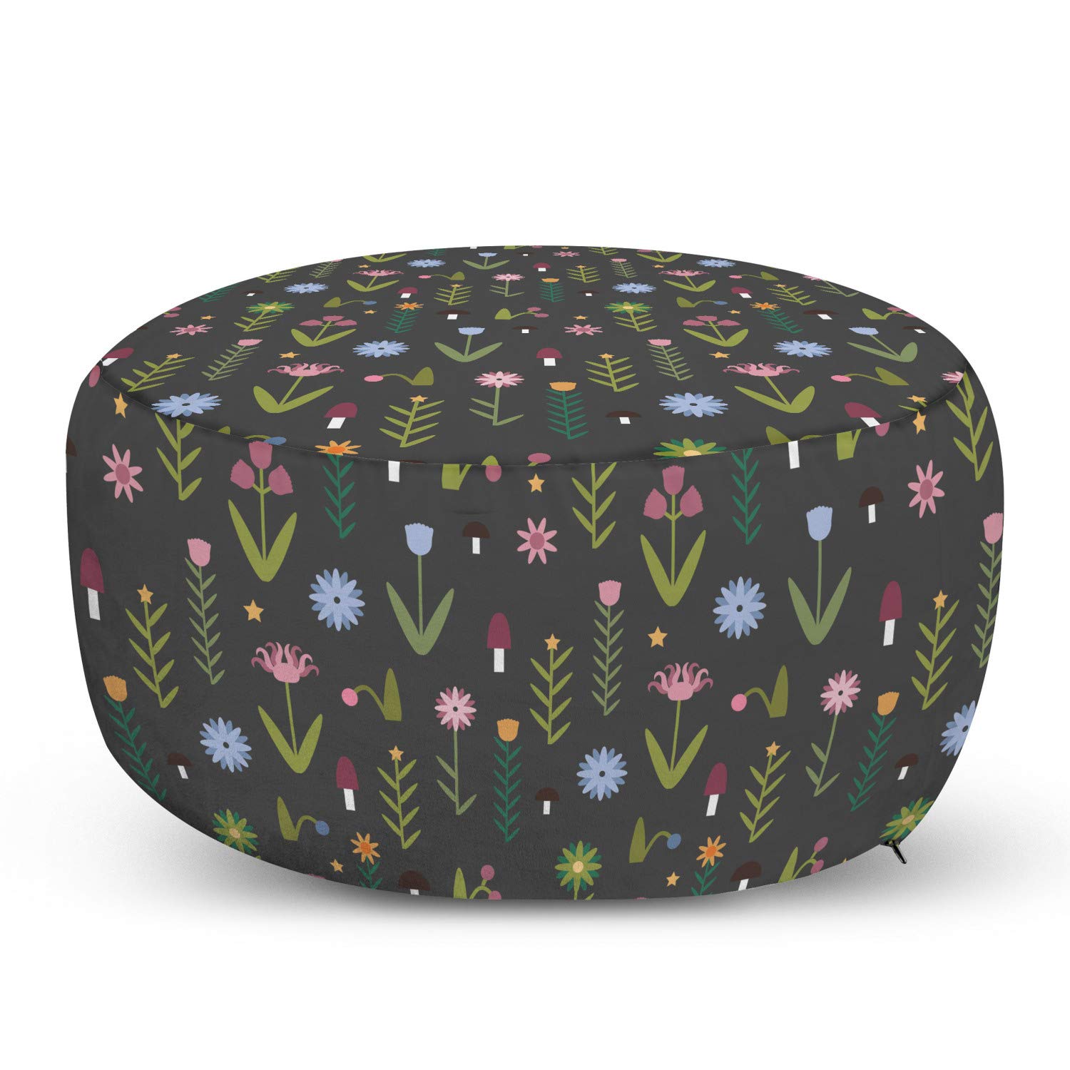 Ambesonne Floral Ottoman Pouf - Tulip Iris Daisy Rose Petals & Forest Mushroom Pattern, Soft Decorative Foot Rest with Removable Cover for Living Room & Bedroom | Olive Green & Dried Rose Colors | Perfect for Home Decor, Lounge Seating & Extra Guest Seating