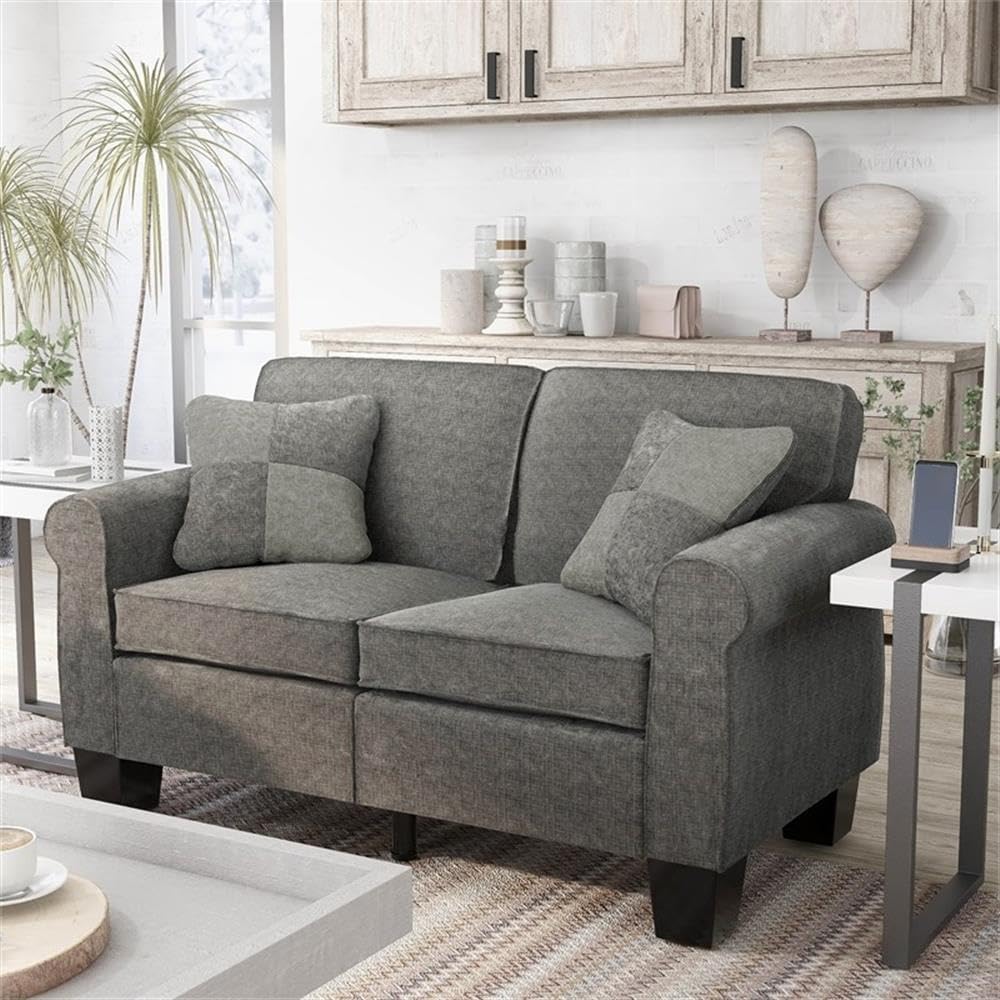 Furniture of America Adella Transitional Fabric Loveseat Sofa - Dark Gray Upholstered Small Couch for Living Room, Apartment & Office