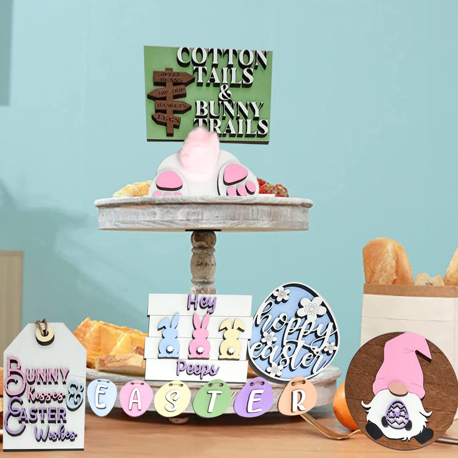 3D Mini Wooden Bunny Signs Easter Tiered Tray Decor - Rustic Wooden Easter Decorations for Home, Office & Party - Perfect for Spring Table Centerpiece, Easter Basket Fillers & Holiday Home Decor