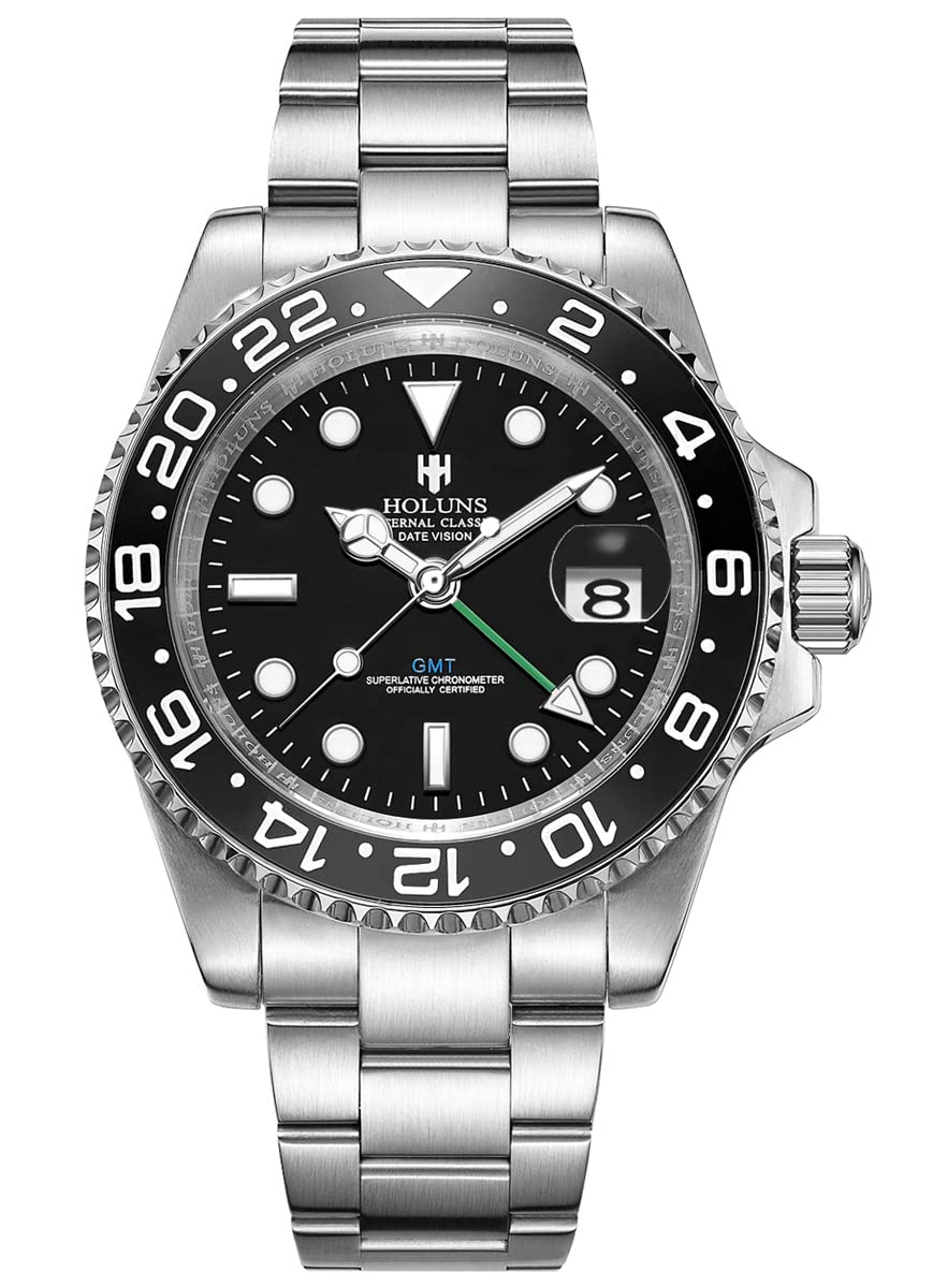 HOLUNS GMT Automatic Men's Watch with Luminous Dial, Ceramic Bezel & Sapphire Crystal - Stainless Steel Dive Watch for Travel, Business & Outdoor Adventures
