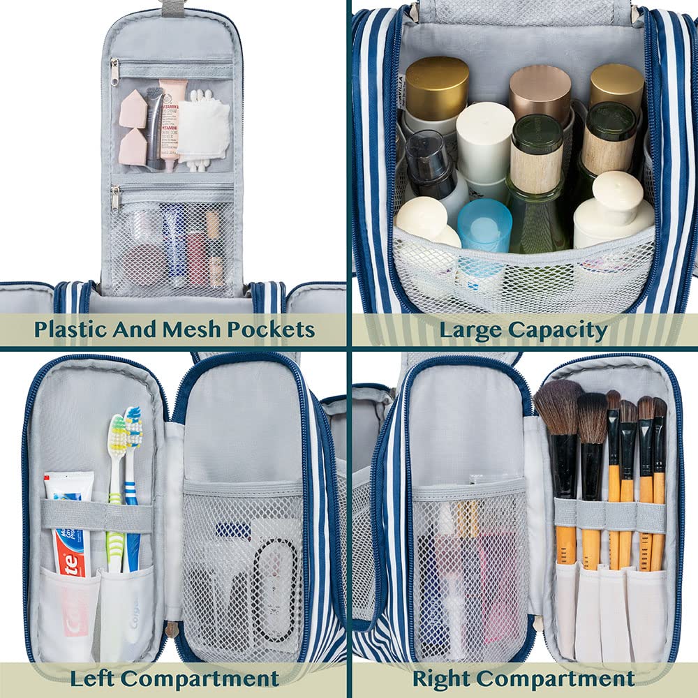 PAVILIA Hanging Toiletry Bag for Women & Men - Waterproof Travel Cosmetic Organizer with Large Capacity - Perfect for Makeup, Toiletries & Travel Essentials (Stripe Navy) - Ideal for Airplane, Camping & Gym Use