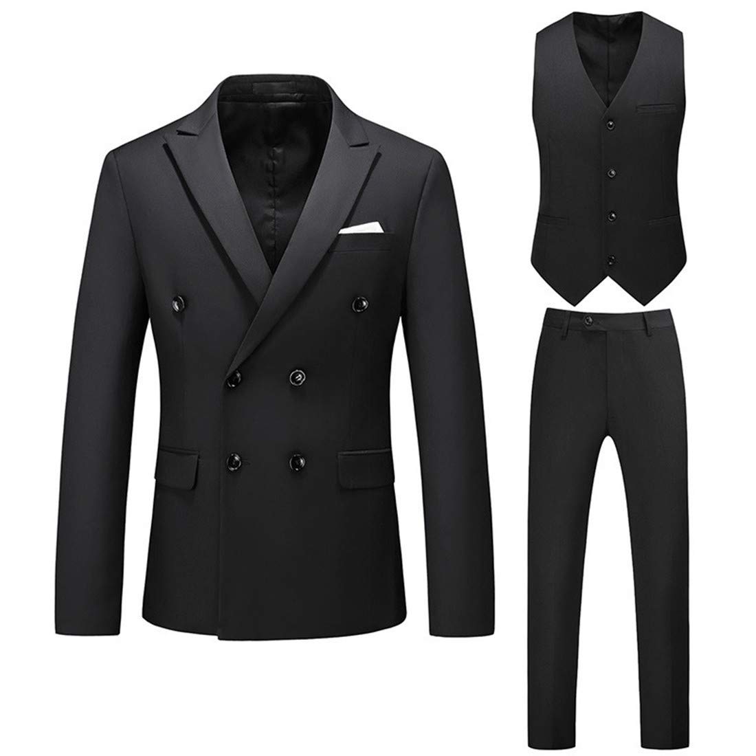 Men's Slim Fit Double Breasted 6-Button Tuxedo Suit with Vest & Pants - Formal Wedding, Groomsmen, Prom, Black Tie Event Outfit