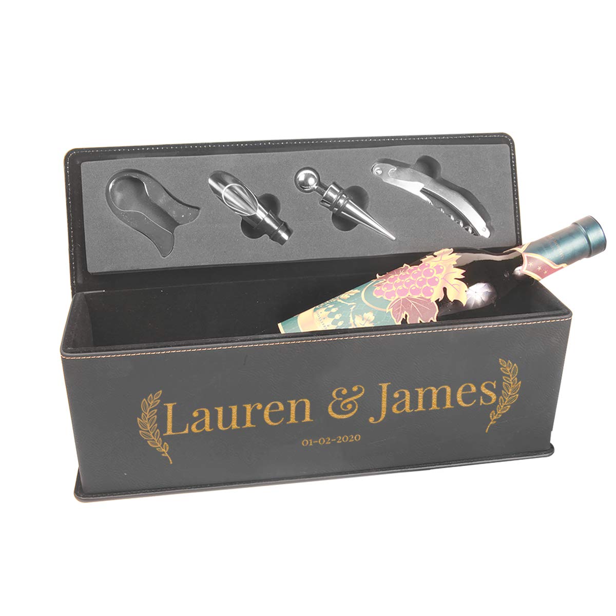 Personalized Leatherette Wine Gift Box with 6-Piece Tool Set - Perfect for Anniversary, Wedding & Housewarming Gifts