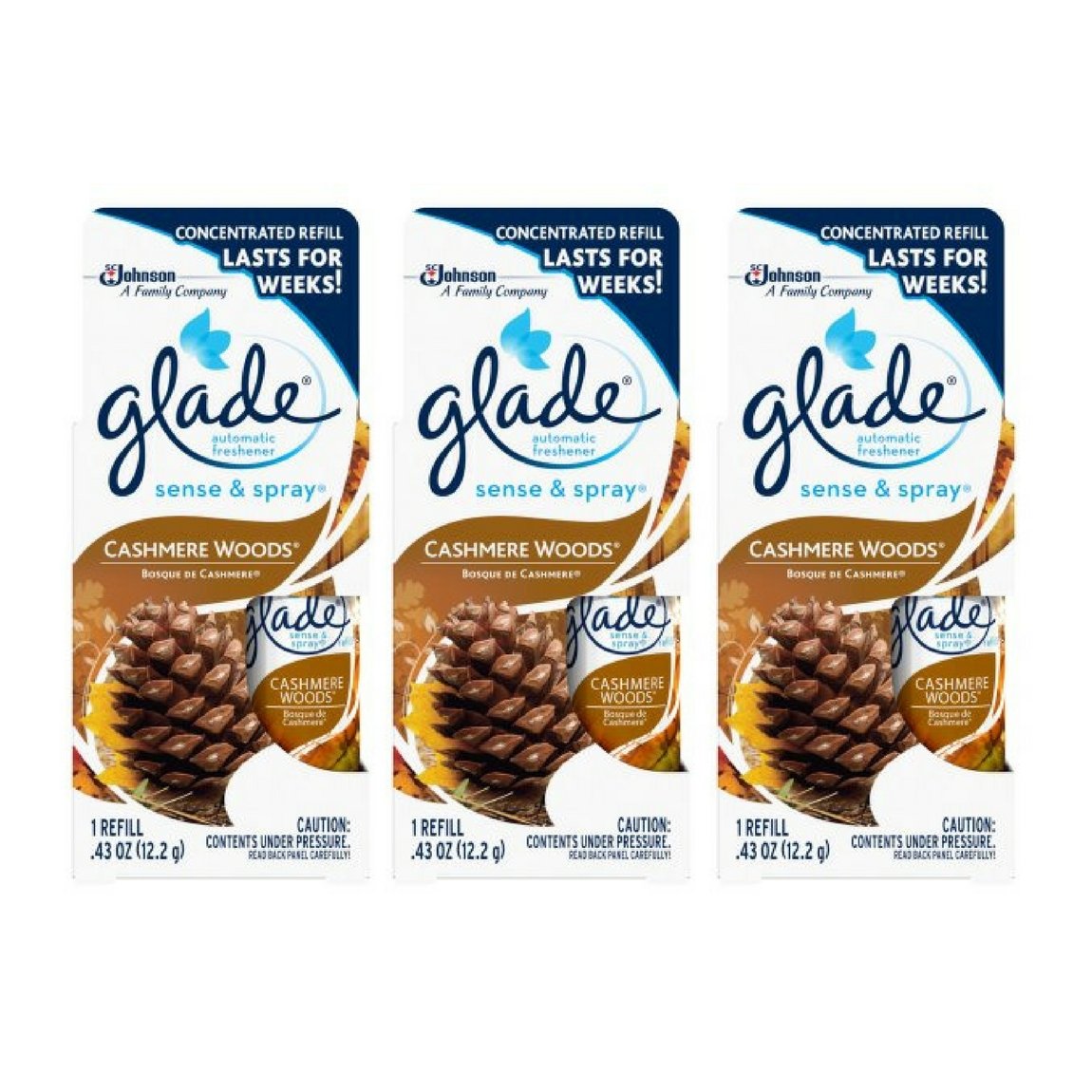 Glade Sense & Spray Automatic Air Freshener Refill - Cashmere Woods Scent, 3 Pack | Long-Lasting Fragrance for Home, Office & Bathroom | Eliminates Odors & Freshens Air Continuously
