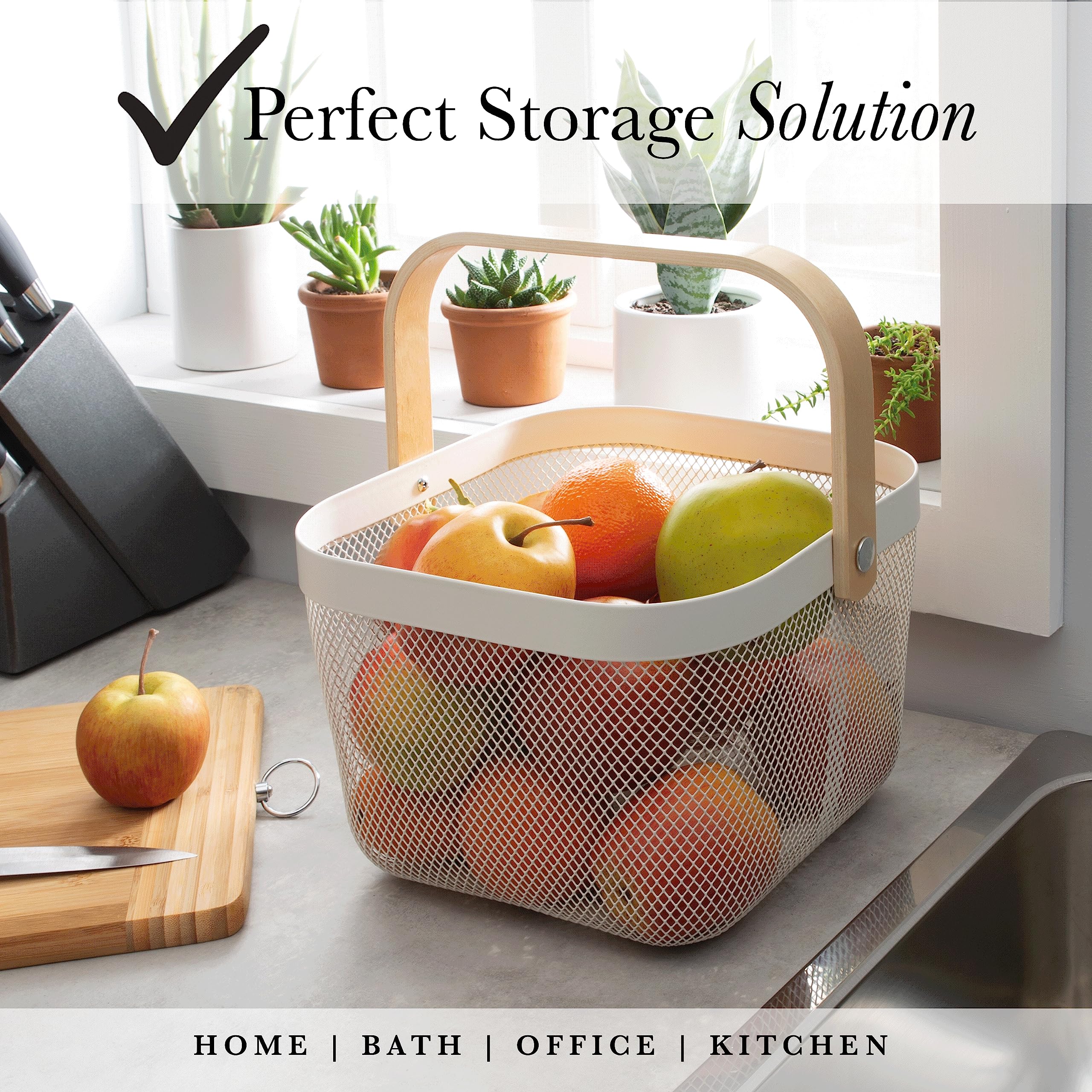 White Bamboo Handle Multi-Purpose Shower Caddy - Durable Grocery Basket for Bathroom, Kitchen & Shopping | Perfect for Organizing Toiletries, Produce & Household Items