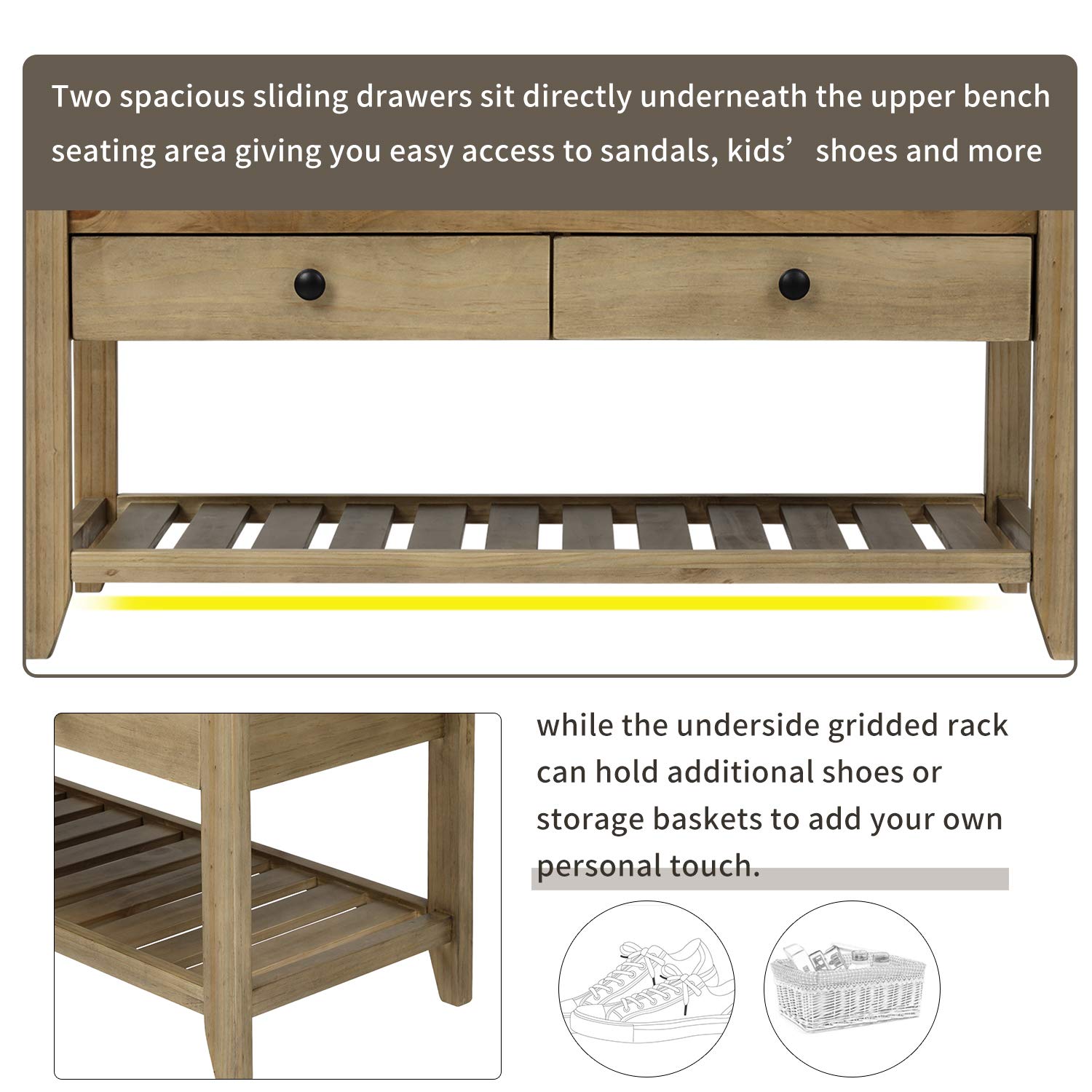 Gray Wash Shoe Bench with Cushion & Drawers - Entryway Storage for Hallway & Living Room