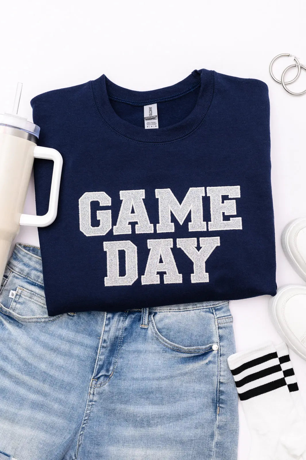 PREORDER: Embroidered Glitter Game Day Sweatshirt - Navy & Silver | Comfortable Pullover for Football, Basketball, Tailgating & Sports Events