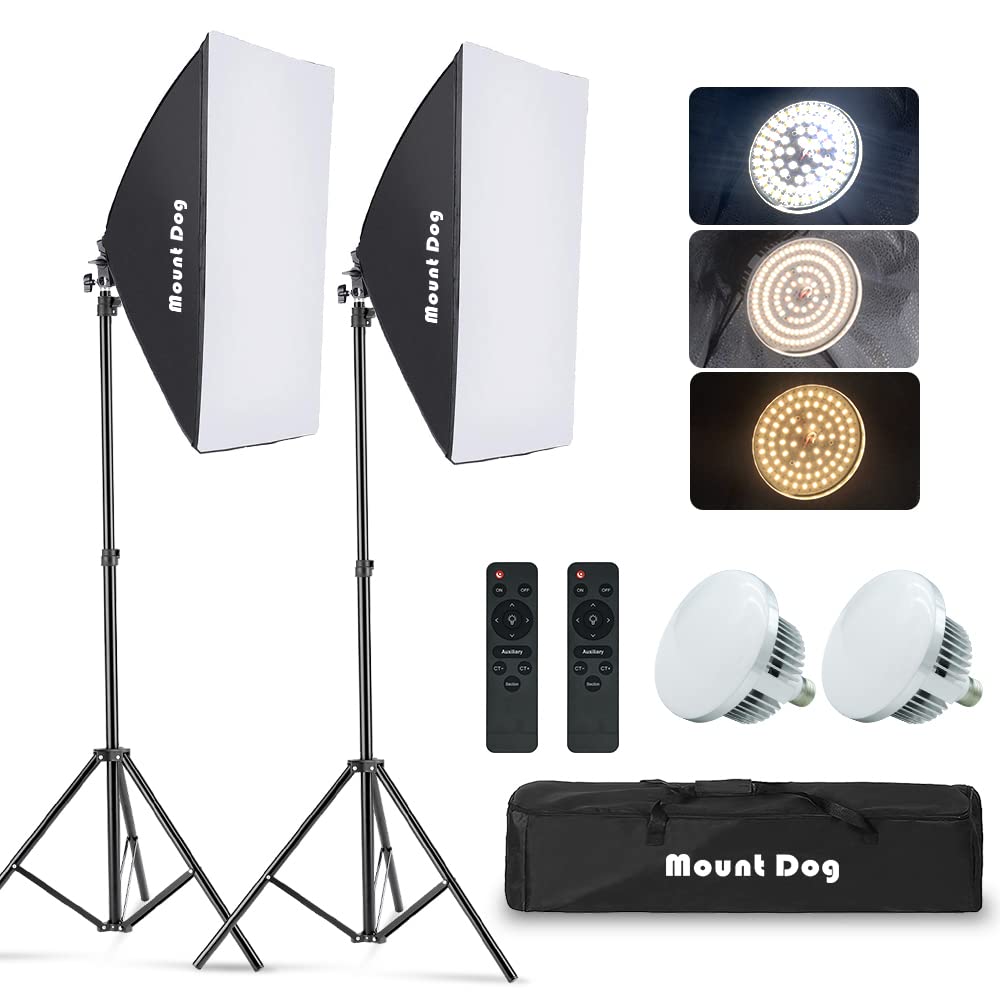 MOUNTDOG 85W Dimmable LED Softbox Lighting Kit with 3 Color Bulbs (2700K-6400K) - Continuous Studio Light for Photography, YouTube Videos & Portrait Shooting - Includes Remote Control & Adjustable Stand - Perfect for Home Studio, Product Photography & Live Streaming