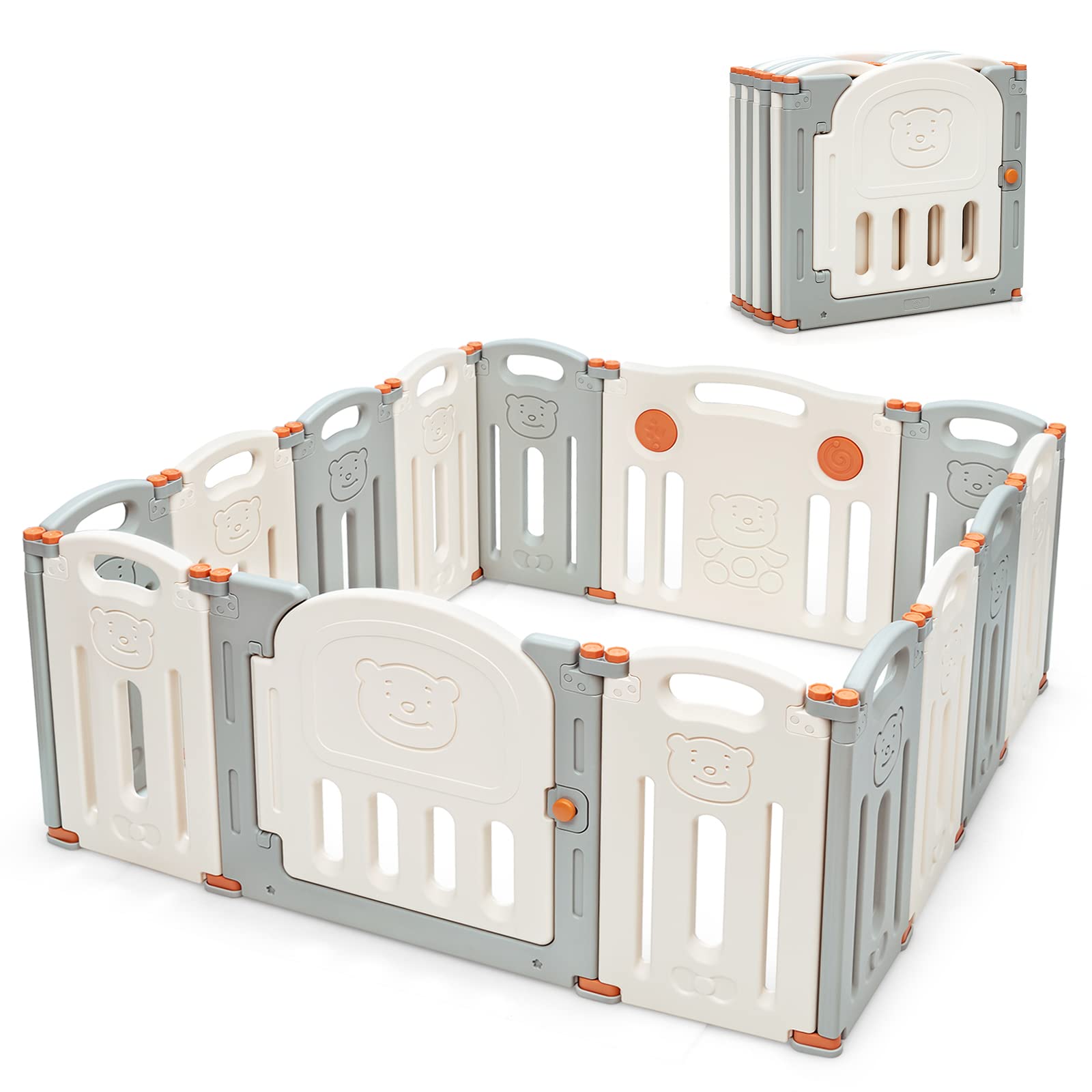 Costzon 14-Panel Foldable Baby Playpen with Locking Gate - Non-Slip Rubber Bases, Adjustable Shape Playard for Toddlers - Portable Baby Fence for Indoor & Outdoor Use (Beige & Gray) | Safe Play Area for Home, Backyard, Daycare & Travel