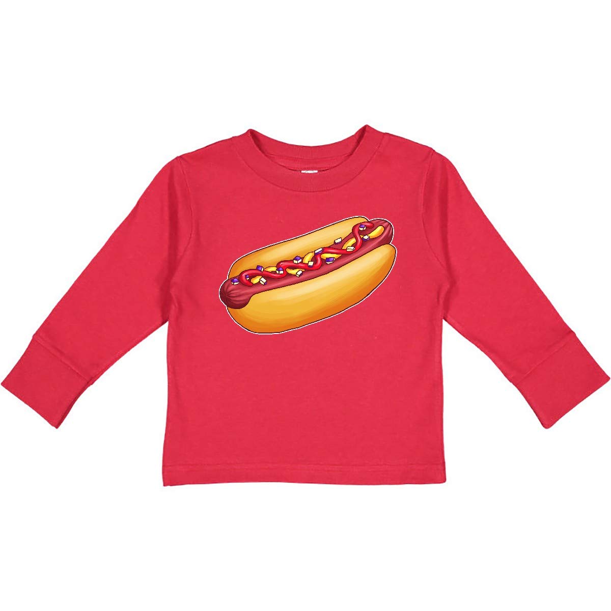 Inktastic Hot Dog Illustration with Mustard Onions Toddler Long Sleeve T-Shirt - Cute Graphic Tee for Boys & Girls, Soft Cotton Kids Shirt - Perfect for Playdates, Birthday Parties & Family Outings