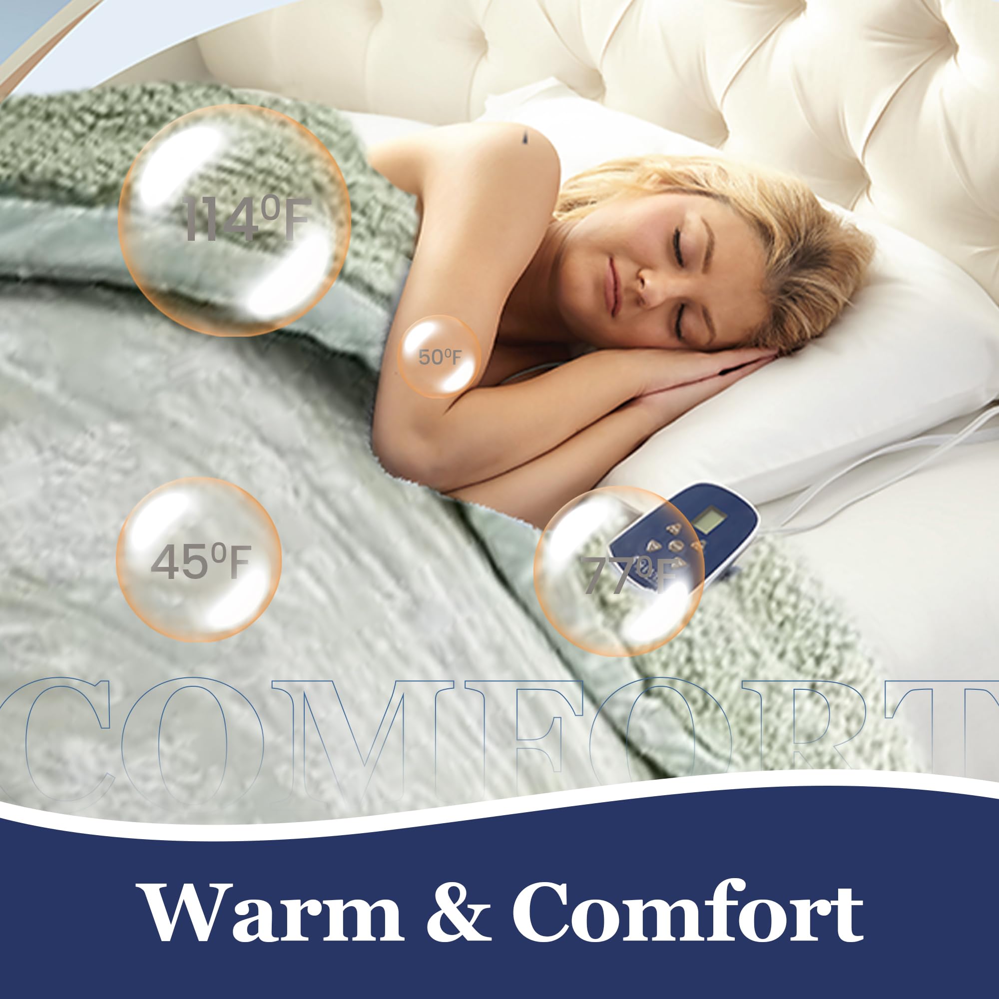 Thermee Micro Flannel Heated Blanket with Sherpa Back - 10 Heat Settings Electric Blanket Full Size, Programmable Warming Blanket, Ultra-Soft Heated Throw for Bed & Couch - Toile Celery Green - Perfect for Winter Nights & Cozy Evenings