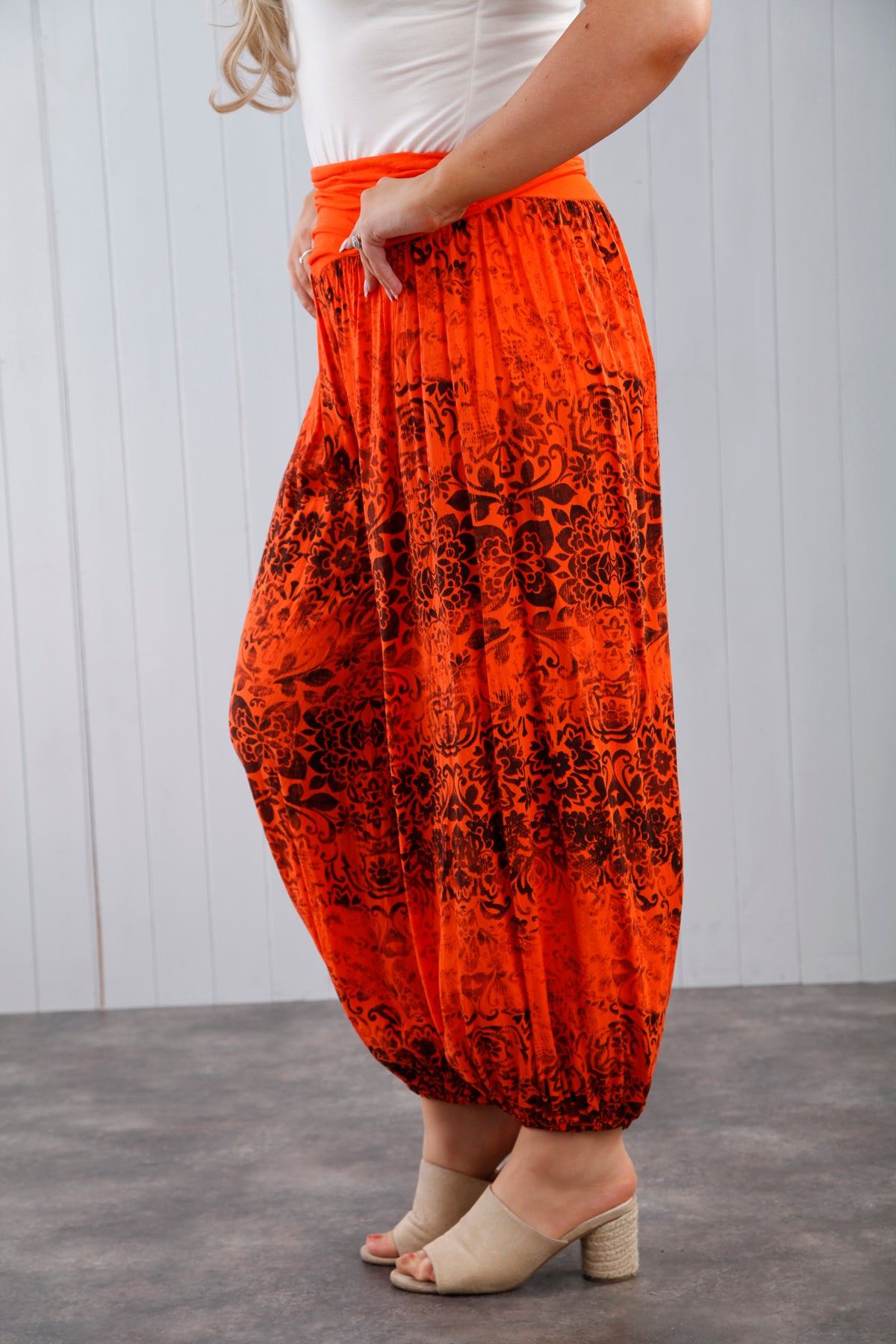 Floral Print Harem Pants in Tangerine Orange - Boho Chic Lounge Pants for Women, Yoga, Beach & Casual Wear