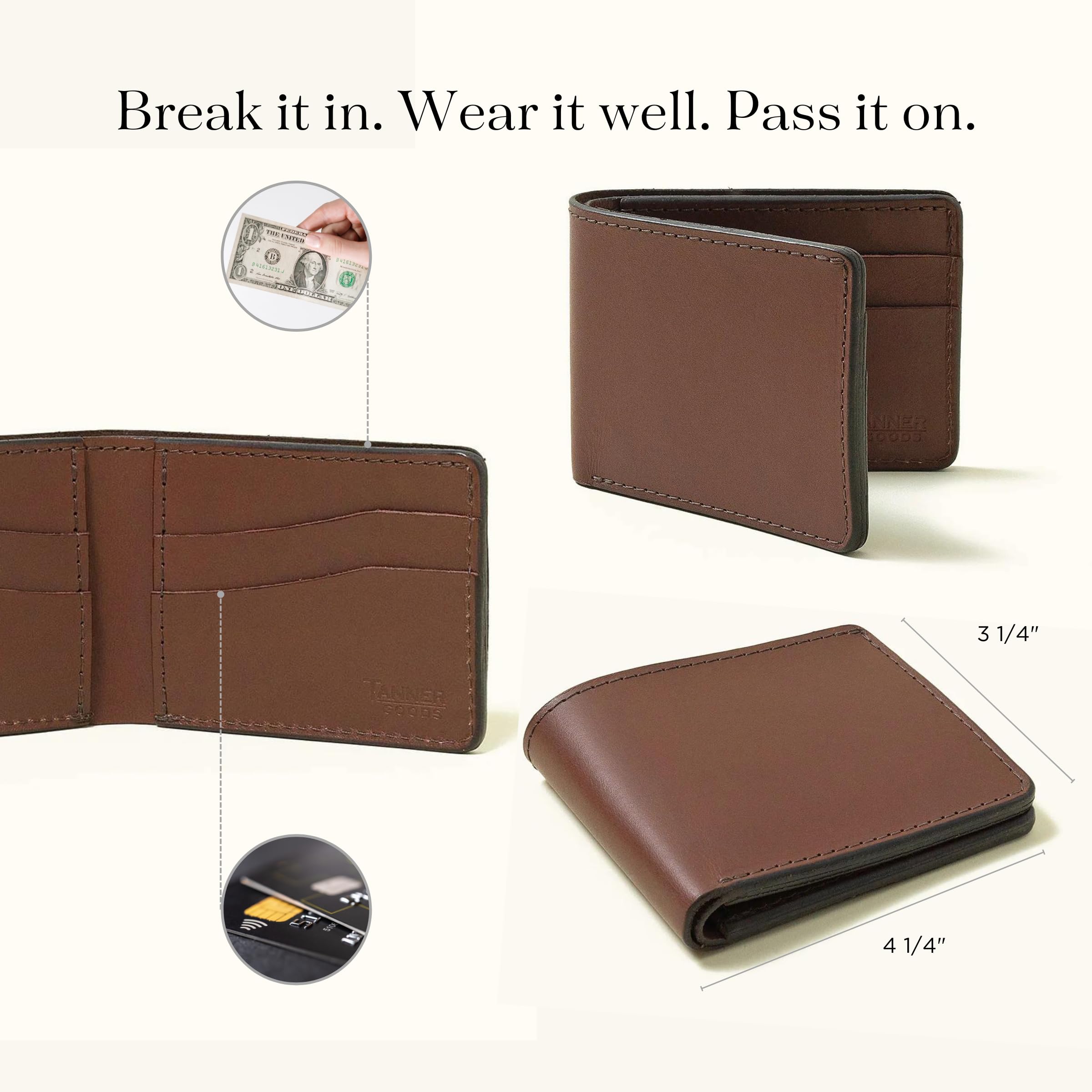 Premium TANNER GOODS Men's Leather Wallet - Genuine Bifold Design with 4 Card Pockets & Billfold Slot - Handcrafted in USA (Cognac Brown) - Perfect for Everyday Carry, Business & Travel Essentials