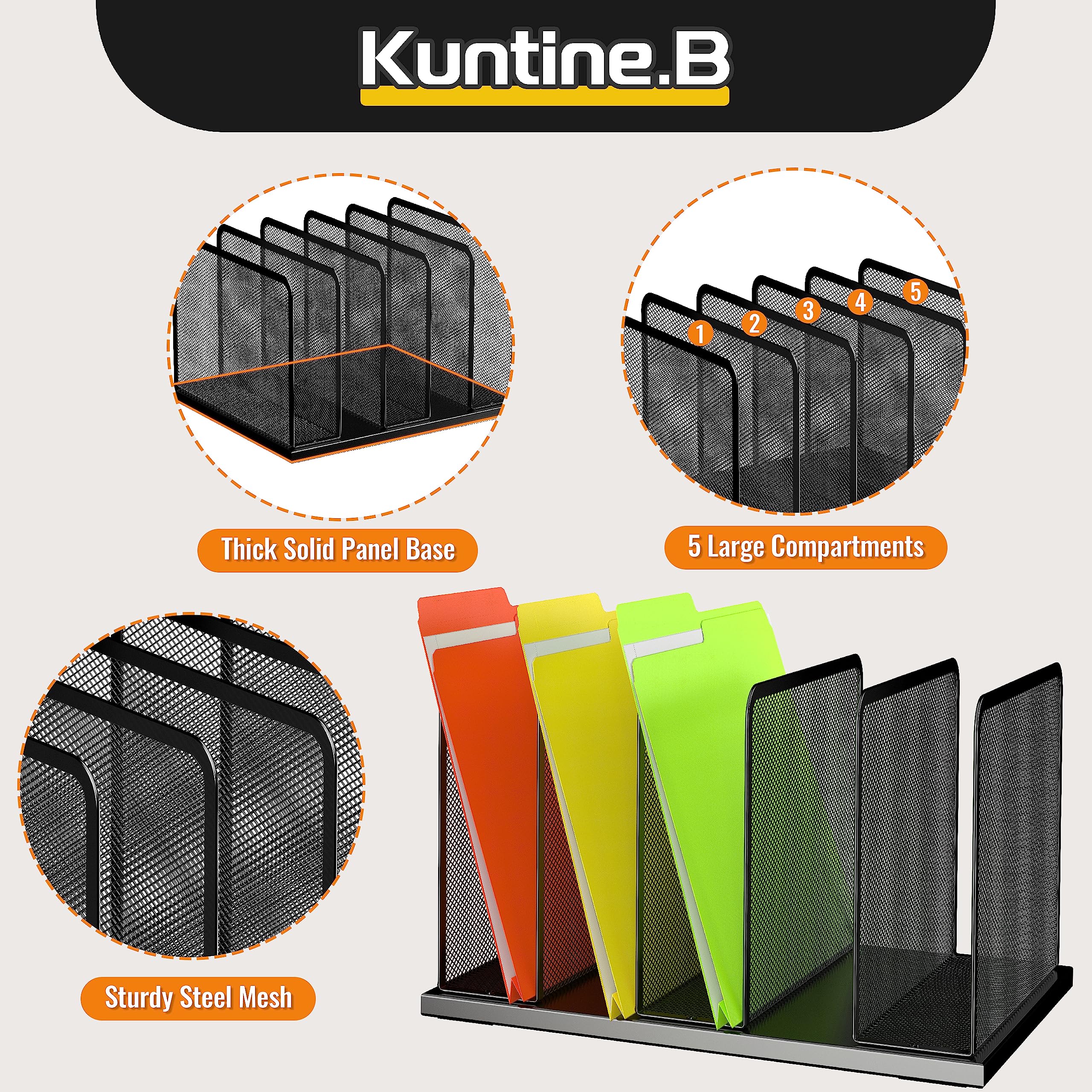 Kuntine.B 5-Section Mesh Desk File Organizer - Upright Desktop File Sorter for Office Documents, Papers & Folders - Perfect for Home Office, Classroom & Workspace Organization (Black) - Keep Your Desk Neat & Productive
