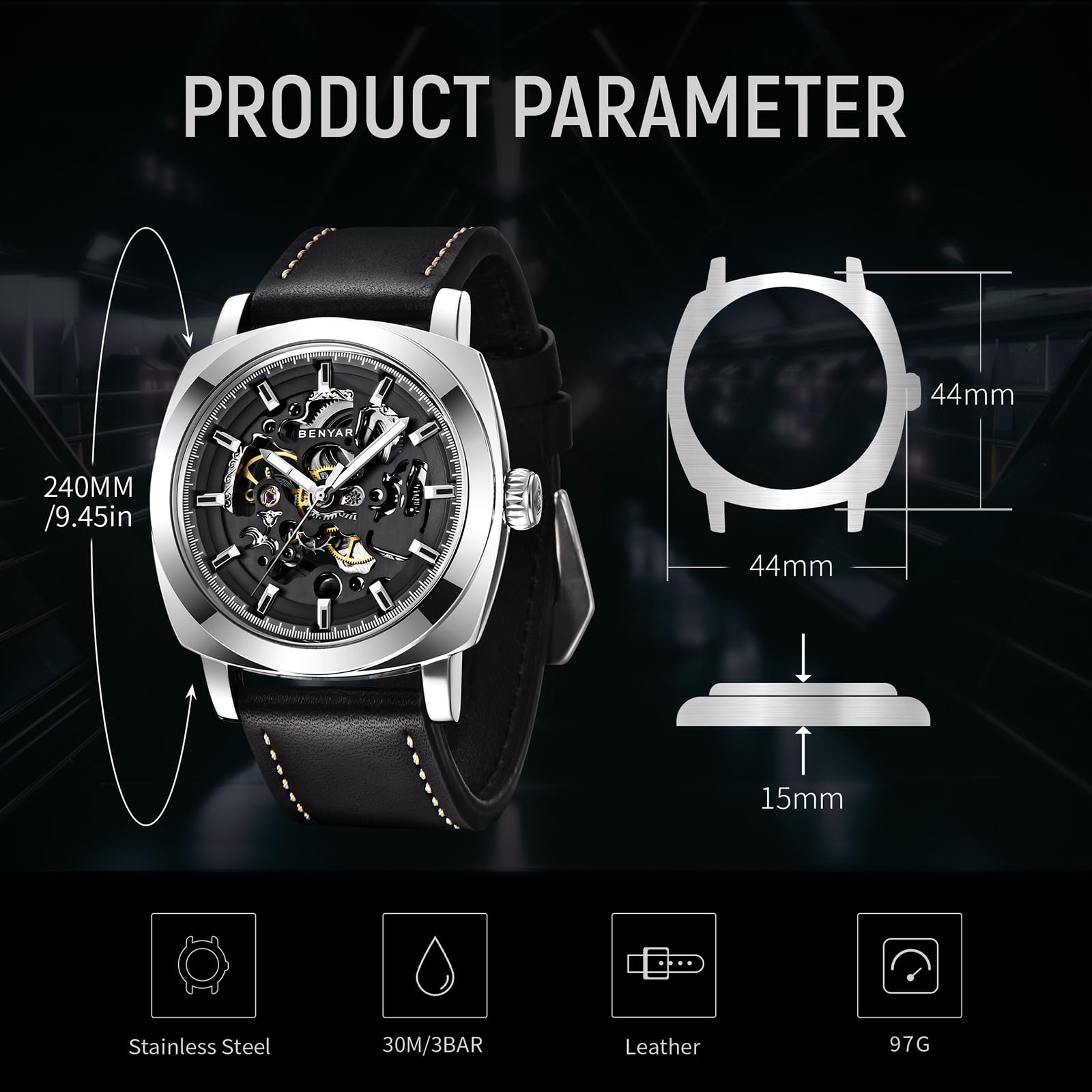 Benyar Automatic Skeleton Watch for Men - 45mm Stainless Steel Case, Genuine Leather Strap, 30M Waterproof Mechanical Watch - Perfect for Business, Formal Occasions & Everyday Wear