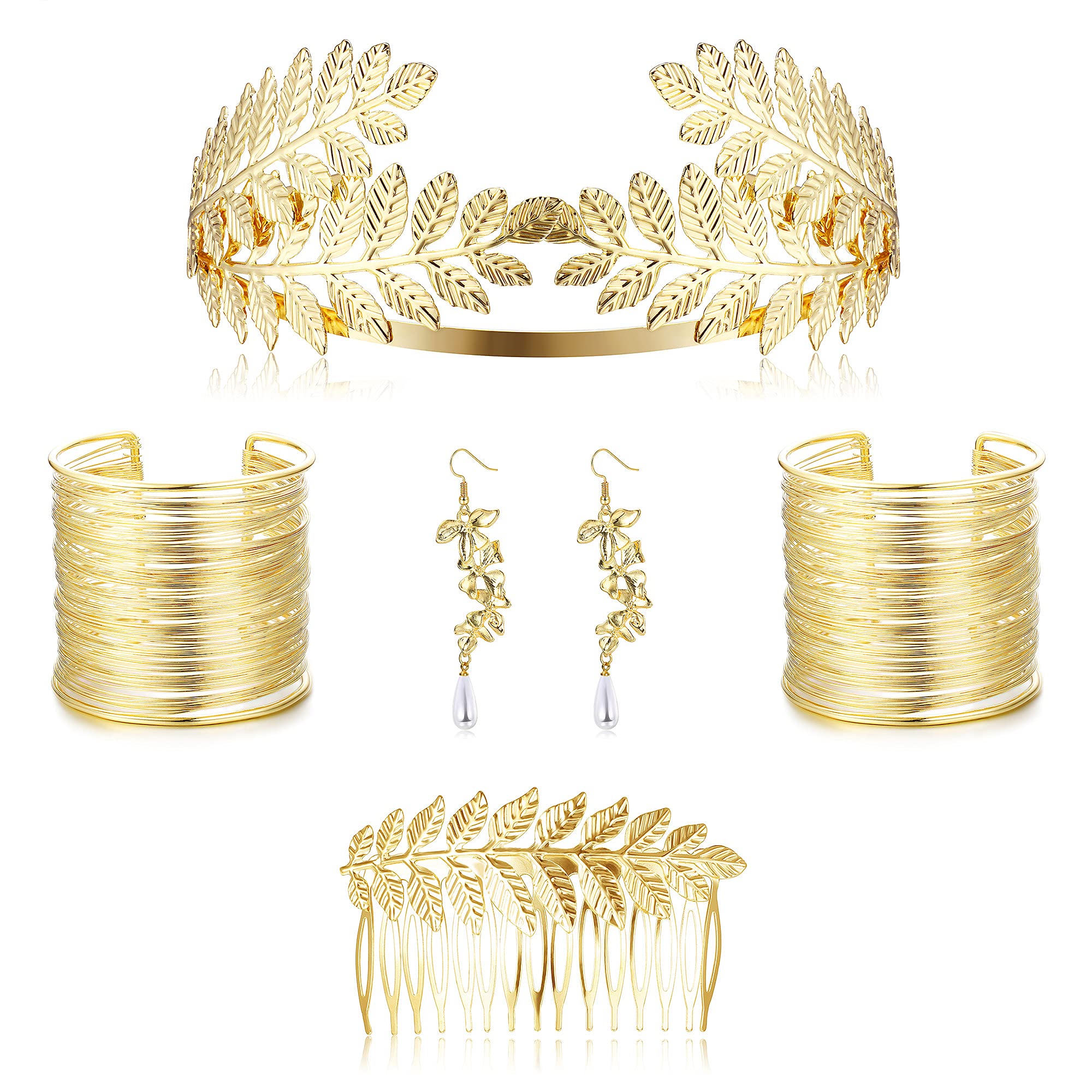 FUNRUN JEWELRY 6Pcs Greek Goddess Costume Accessories Set - Gold Leaf Headband, Bracelet, Armband & Laurel Crown for Women | Bridal Wedding Headpiece, Themed Parties & Cosplay