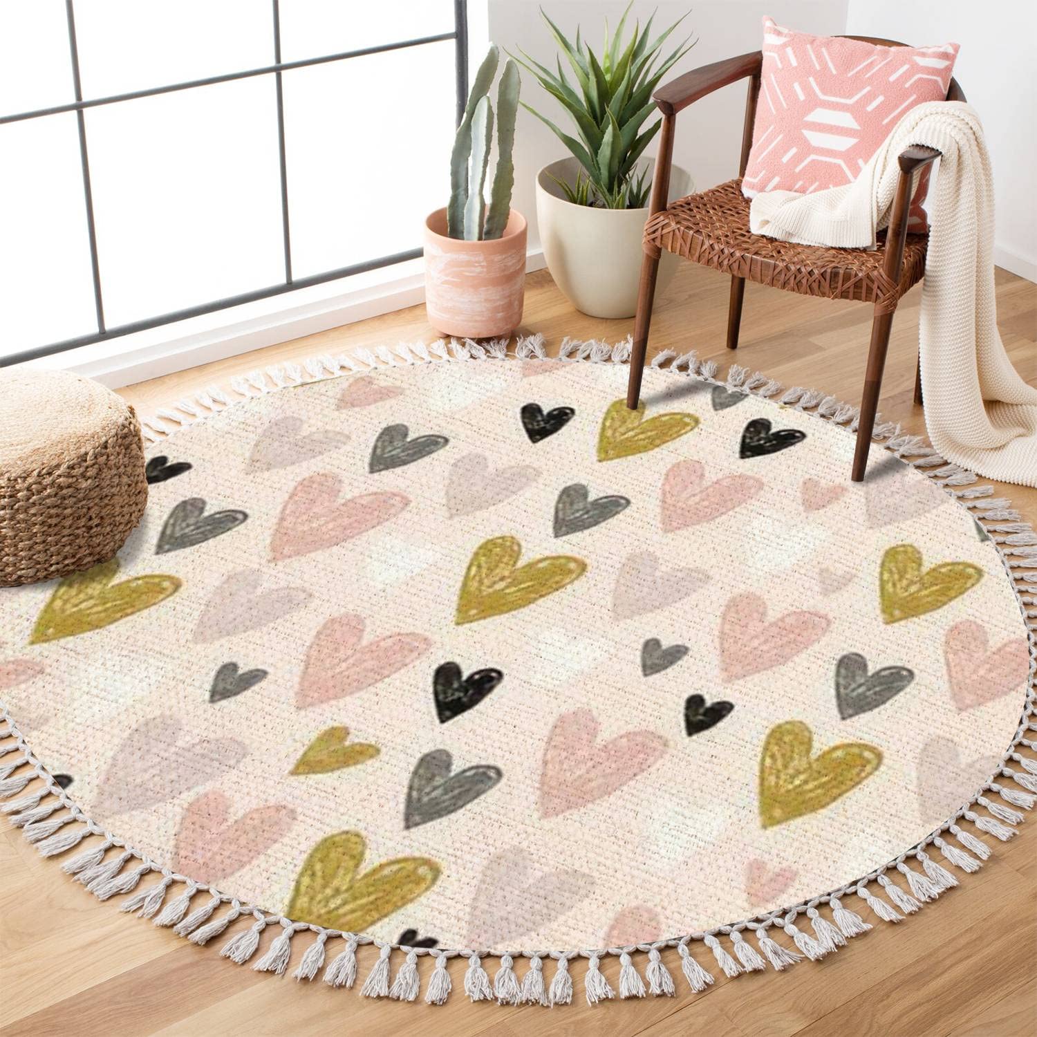 Boho Round Area Rug with Pink Hand-Drawn Hearts - Scandinavian Minimalist Linen Carpet for Living Room, Patio, Hallway (3ft) - Perfect for Nursery, Bedroom & Boho Home Decor