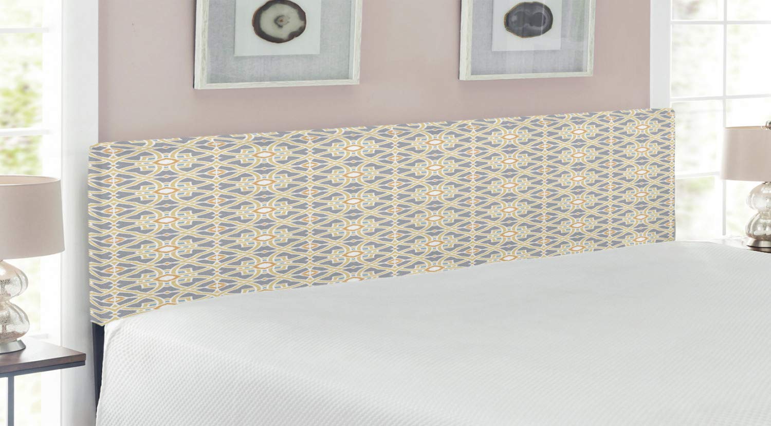 Ambesonne Geometric Upholstered Headboard - Moroccan Floral Azulejos Inspired Design with Memory Foam, King Size Bed Frame in Taupe & Pale Yellow | Perfect for Modern Bedroom Decor & Guest Room Upgrade