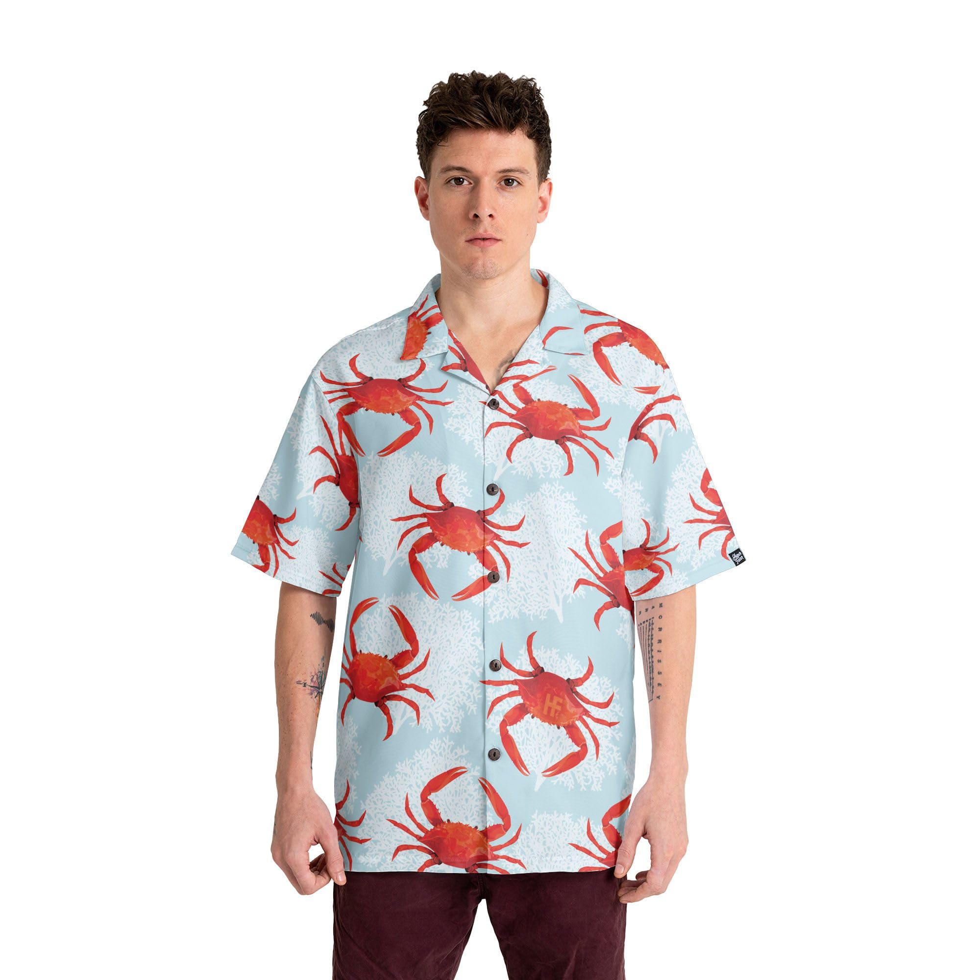 HYPERFAVOR Hawaiian Crab Shirt for Men & Women - Short Sleeve Button Down Crab Print Shirt - Perfect Gift for Crab Lovers - Ideal for Beach Parties, Summer Vacations & Casual Outings