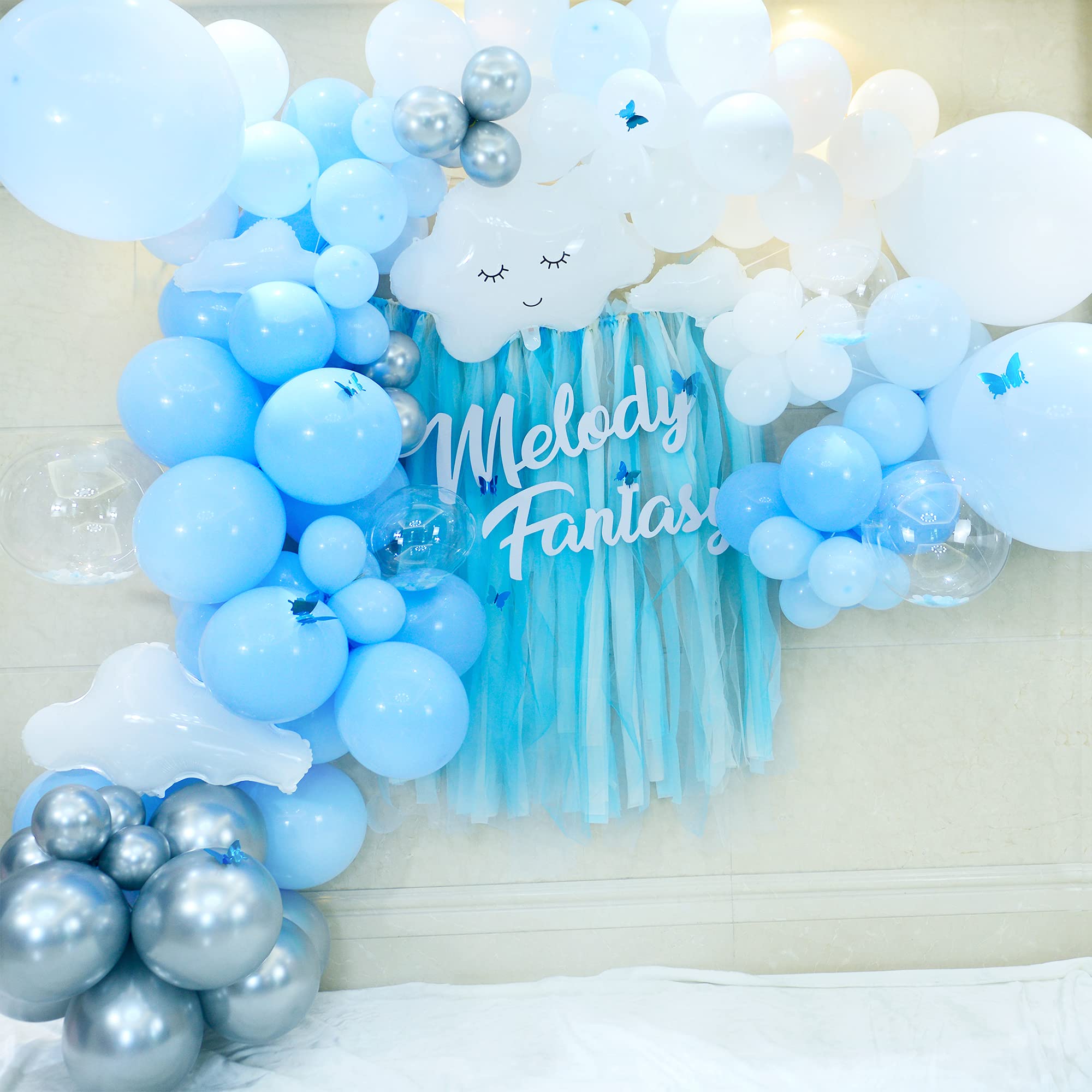 Baby Blue & Silver Balloon Garland Kit - 12Pcs Butterfly Stickers, Cloud & Metallic Balloons for Baby Shower Decorations | Perfect for Boy's Birthday Party, Gender Reveal & Nursery Decor