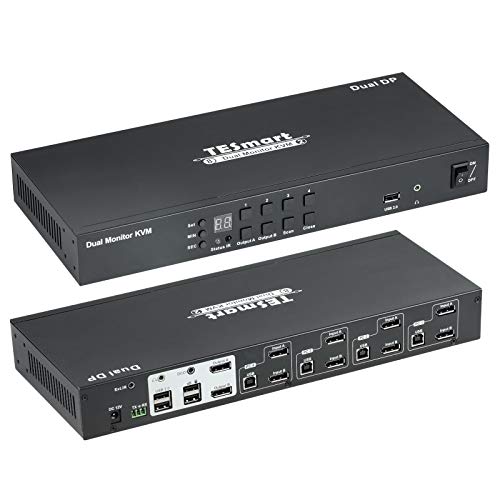 TESmart 4-Port DisplayPort KVM Switch - 4 Computers 2 Monitors, UHD 4K@60Hz, Cascading Support for Quad Monitor, Stereo Audio & Hotkey Switching - Ideal for PC, Mac, Gaming & Office Workstations