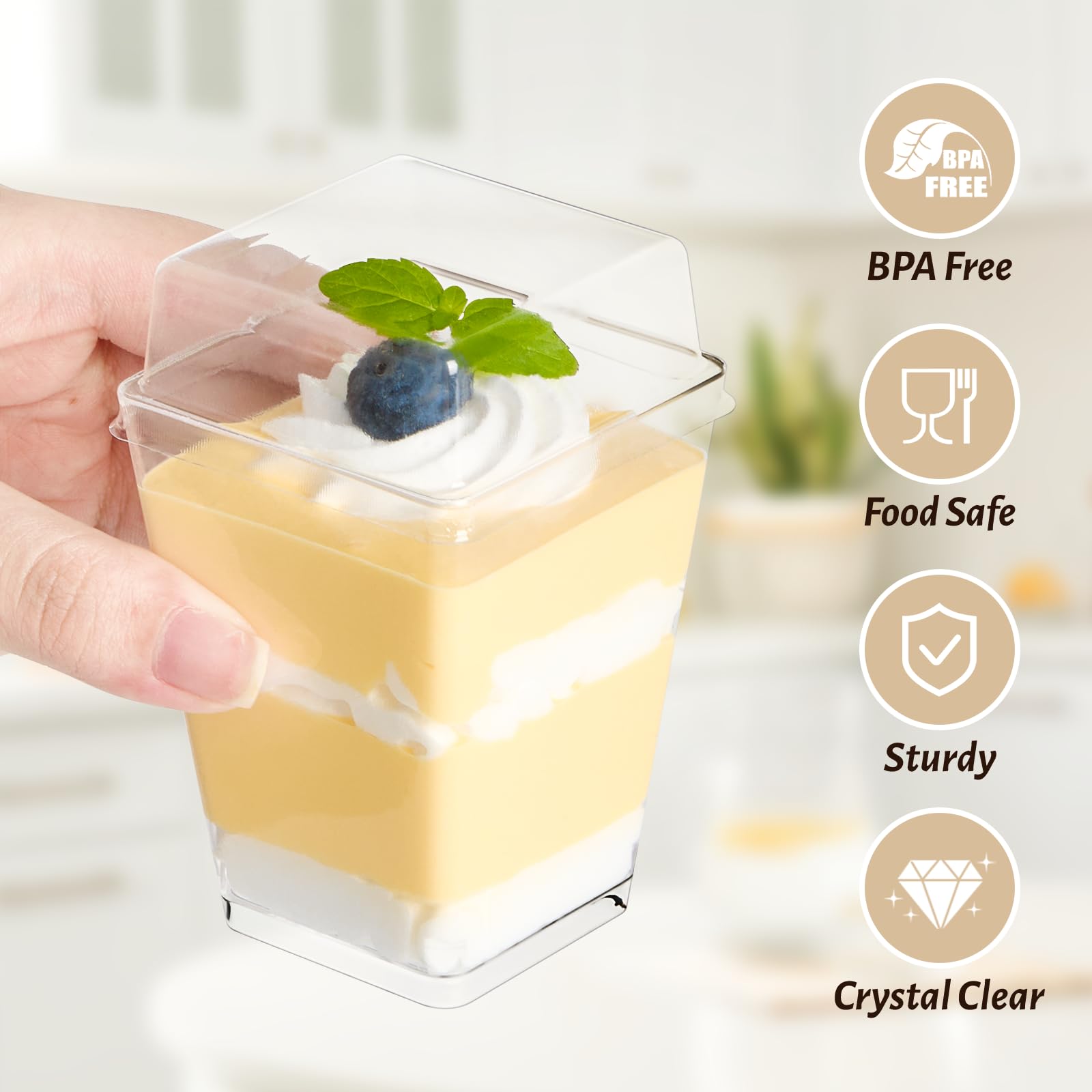 50 Pack 5 oz Clear Plastic Dessert Cups with Lids & Spoons - Square Mini Parfait Cups for Pudding, Jello, Fruit, Appetizers | Party Serving, Catering, Events, Picnics, Home Entertaining