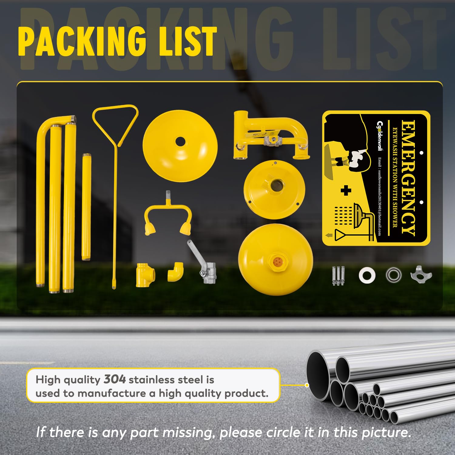 CGOLDENWALL Emergency Shower and Eye Wash Station - 304 Stainless Steel with Yellow Coating, NPT Thread, Includes Safety Sign - Ideal for Laboratories, Factories, and Chemical Workplaces